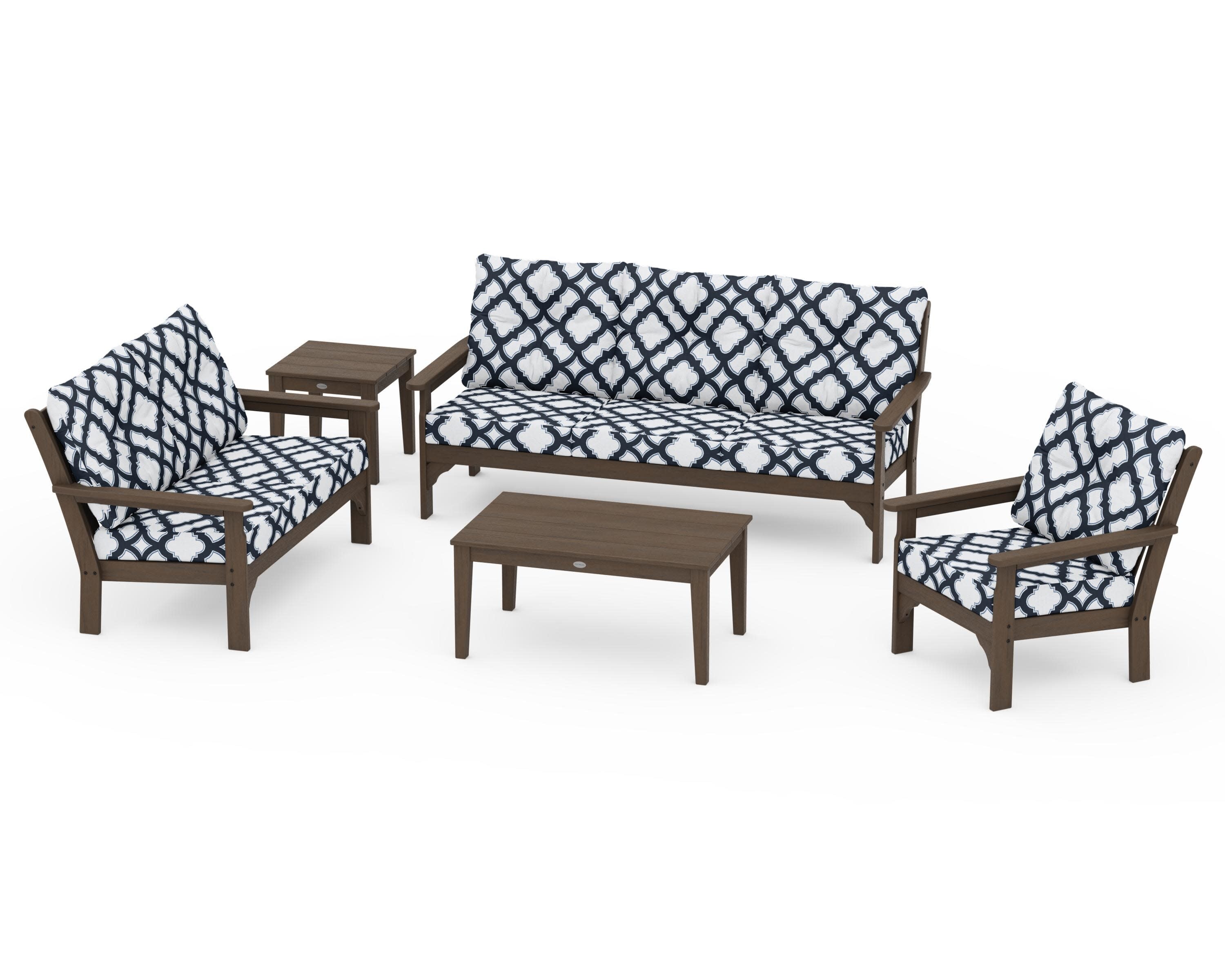 Vineyard 5 Piece Deep Seating Set in Kona / Trellis Marine Indigo