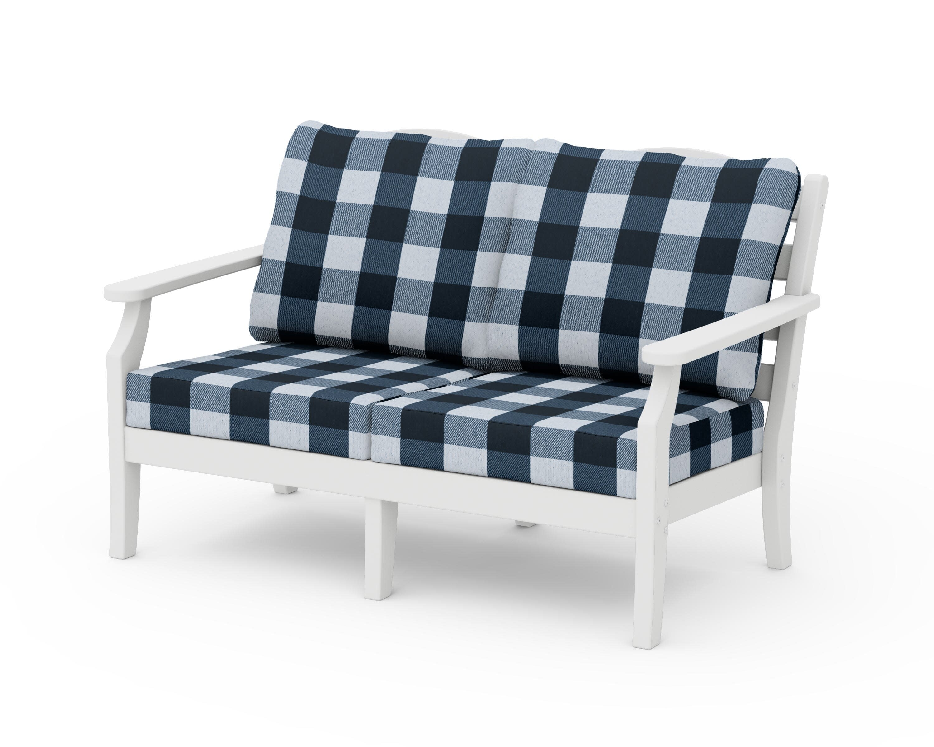 Savannah Deep Seating Loveseat in White / Buffalo Plaid Marine Indigo
