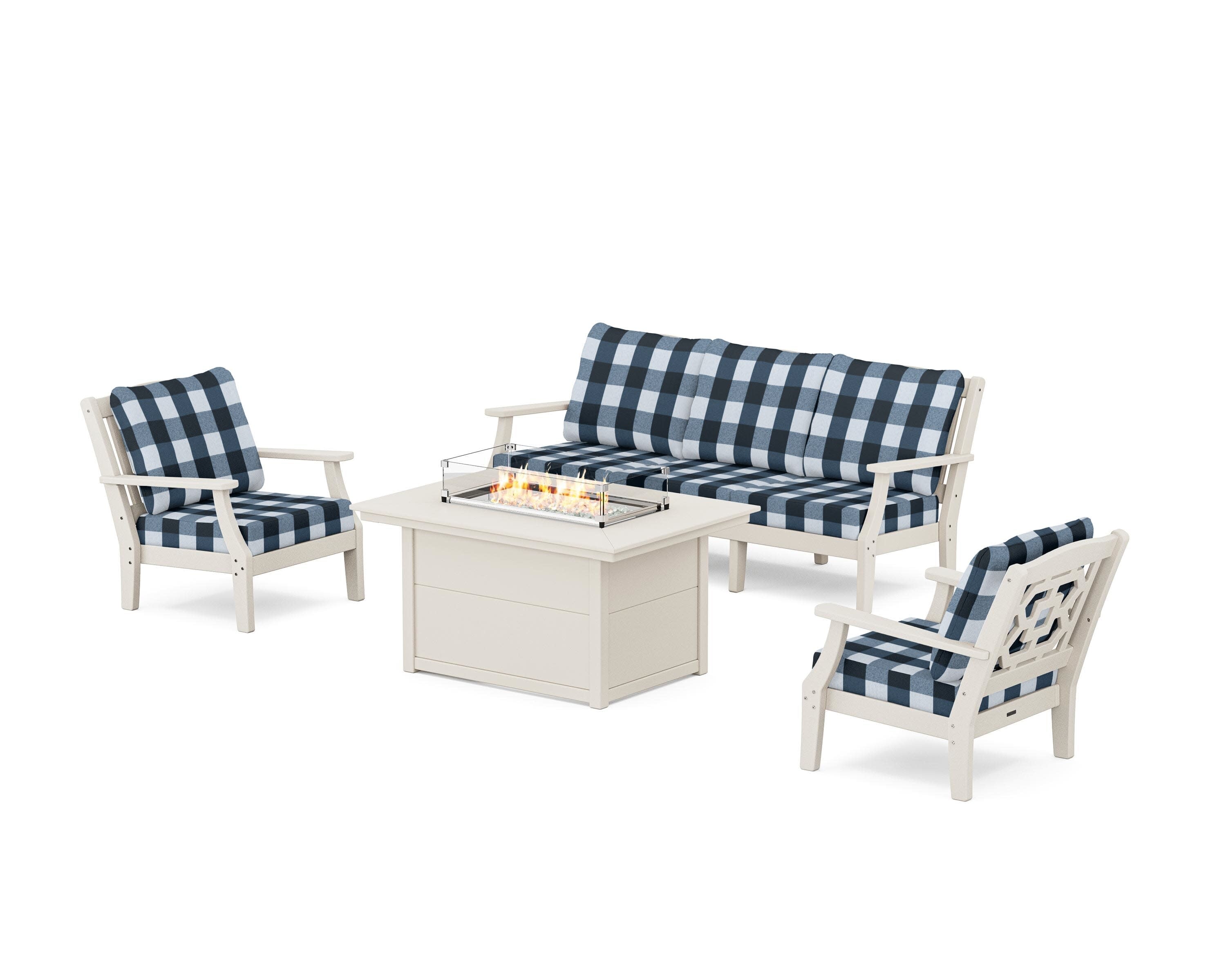 Chinoiserie Deep Seating Fire Pit Table Set in Sand / Buffalo Plaid Marine Indigo