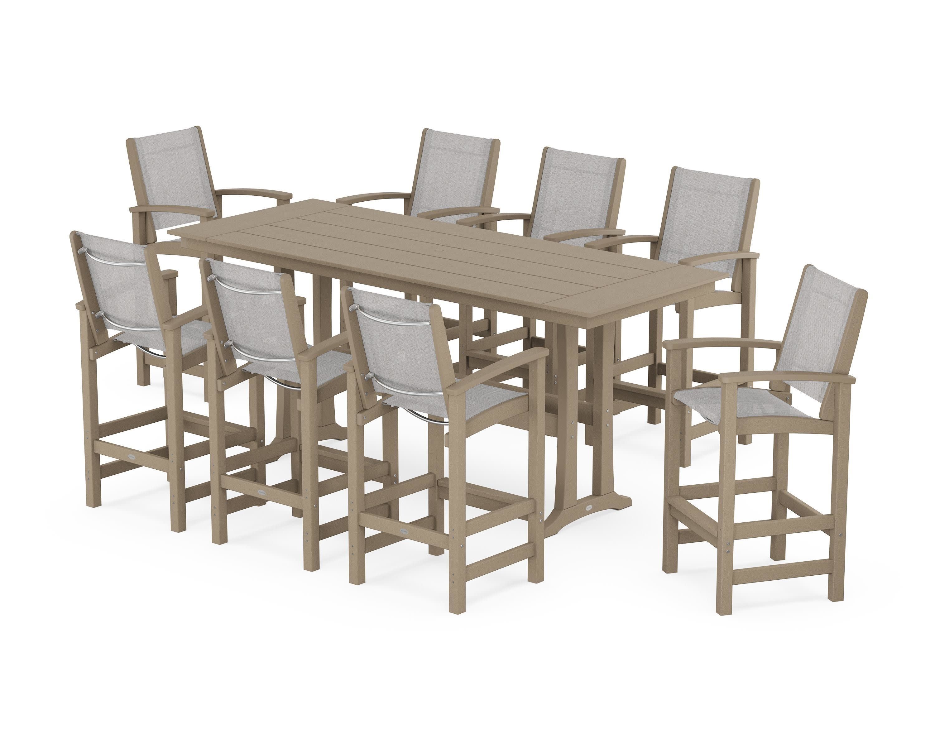 Coastal 9-Piece Farmhouse Bar Set with Trestle Legs in Vintage Sahara / Parchment Sling