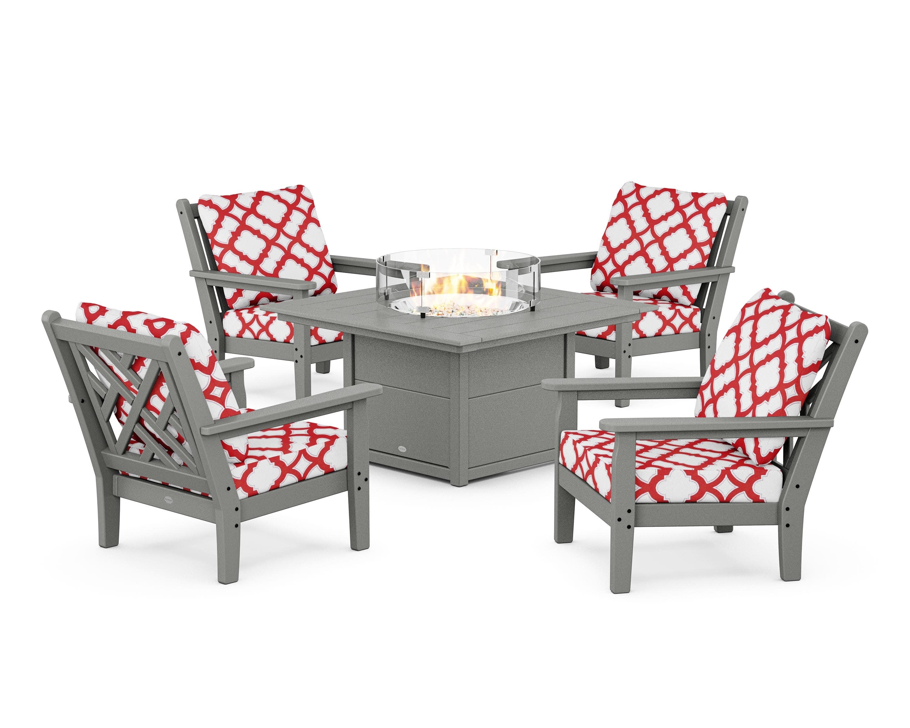 Chippendale 5-Piece Deep Seating Set with Fire Pit Table in Slate Grey / Trellis Crimson