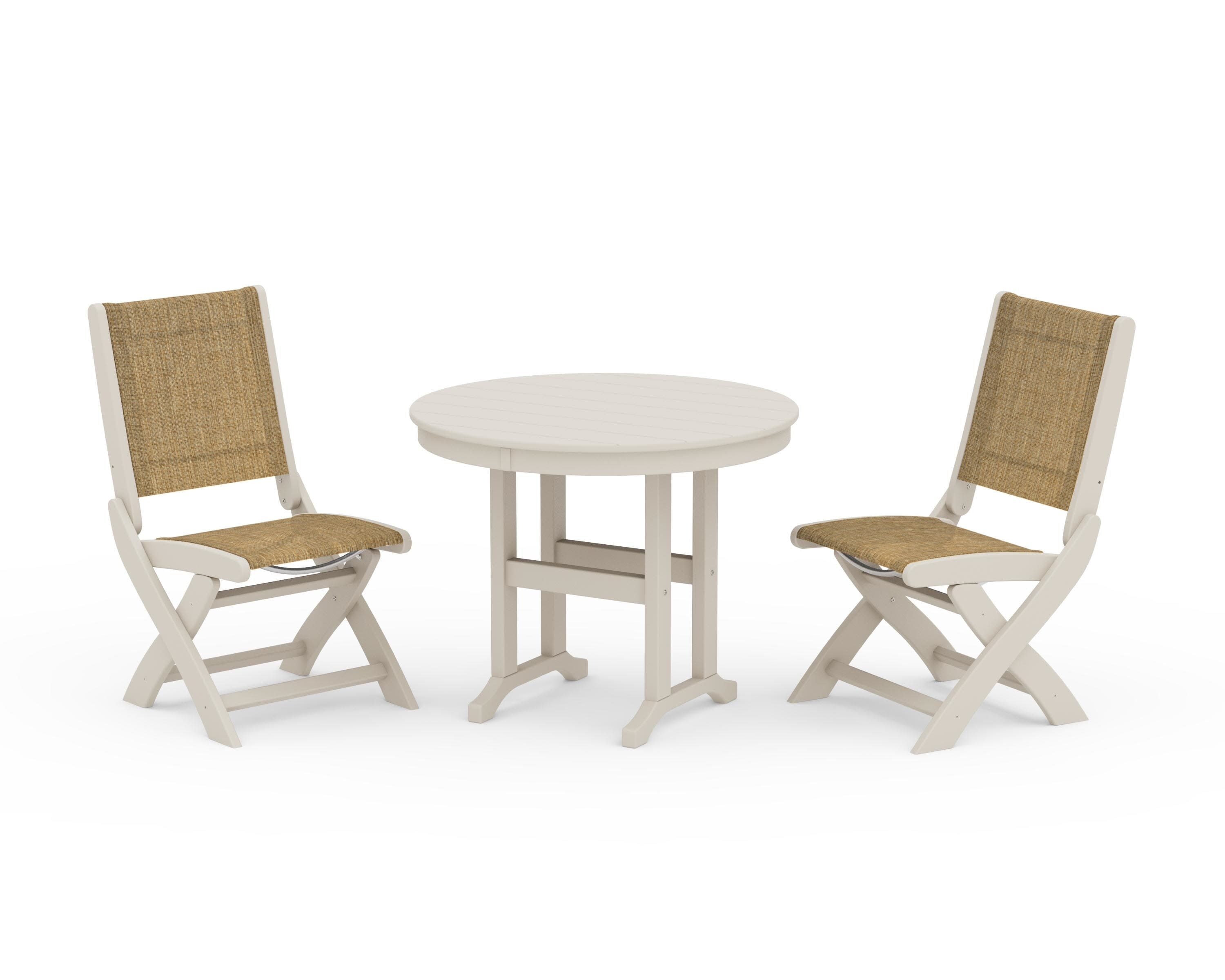 Coastal Folding Side Chair 3-Piece Round Dining Set in Sand / Burlap Sling