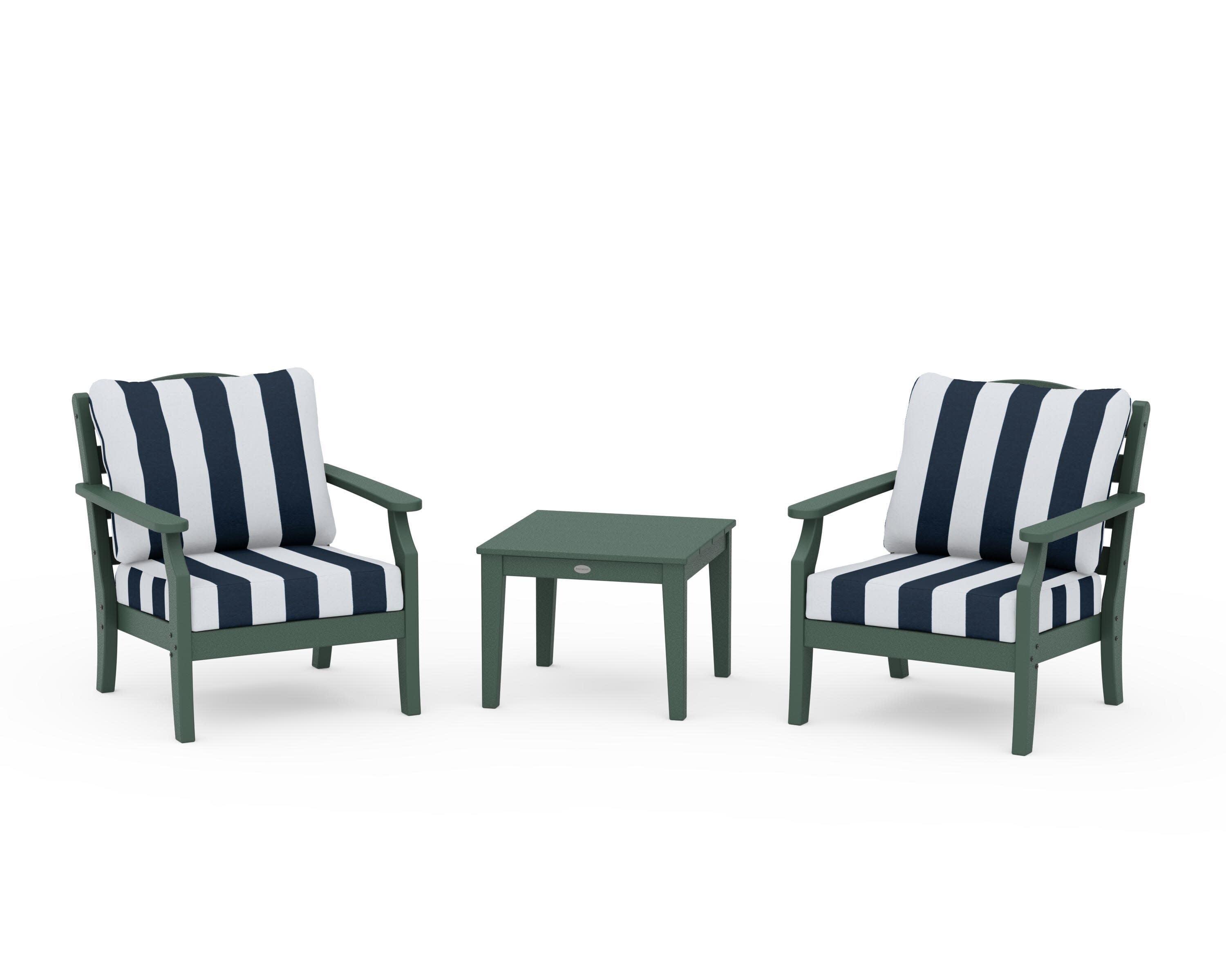 Savannah 3-Piece Deep Seating Set in Green / Cabana Stripe Marine Indigo