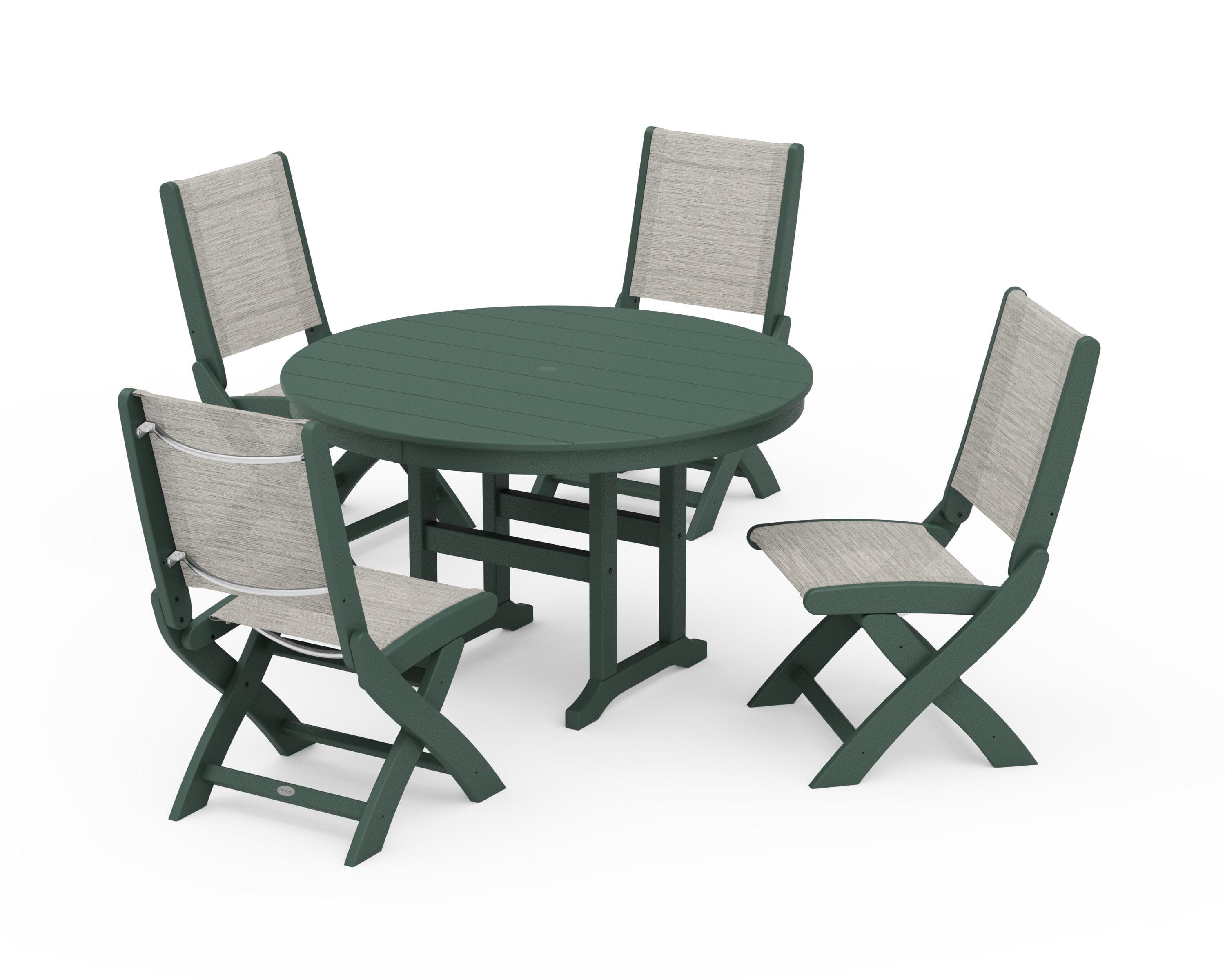 Coastal Folding Side Chair 5-Piece Round Dining Set in Green / Birch Sling