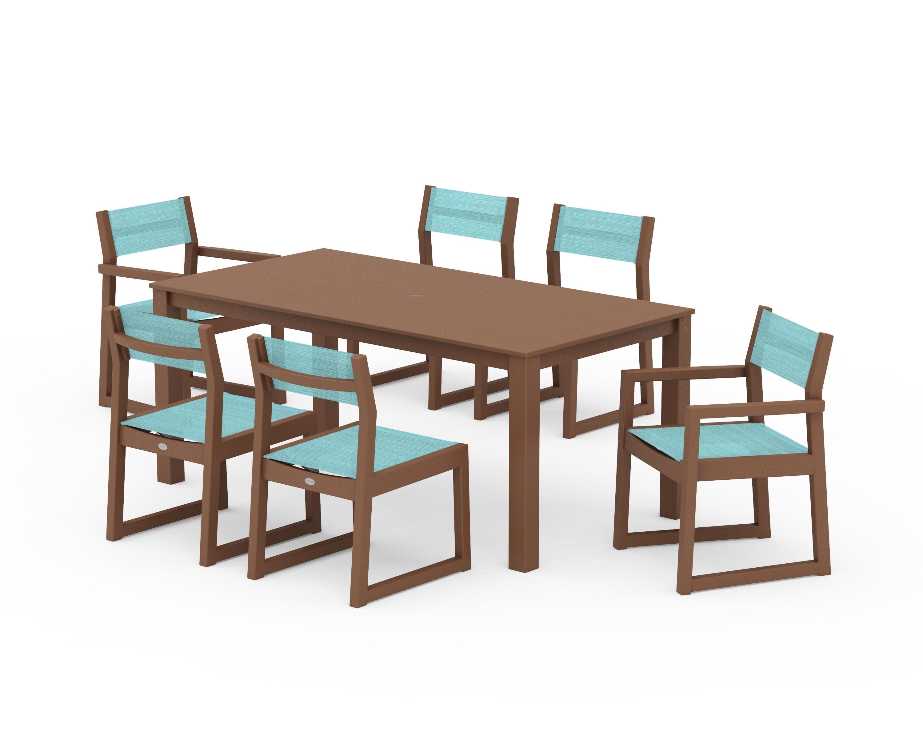 EDGE Sling 7-Piece Parsons Dining Set in Teak / Dupioni Aquamarine Sling