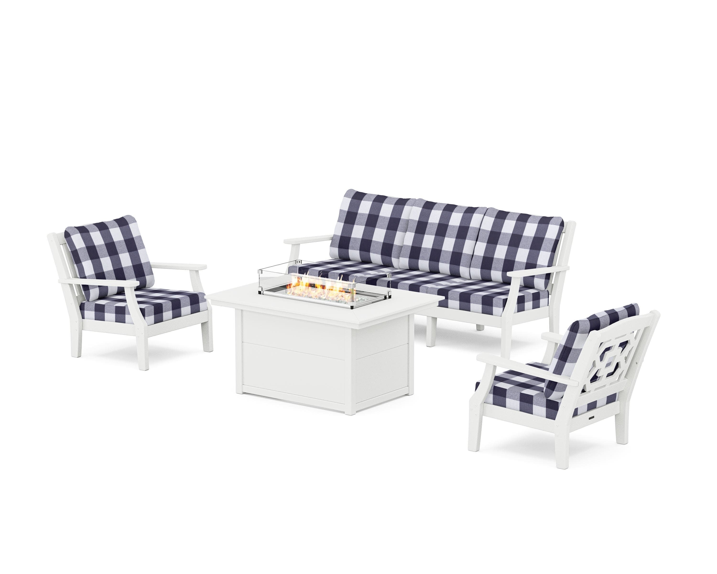 Chinoiserie Deep Seating Fire Pit Table Set in White / Buffalo Plaid Navy