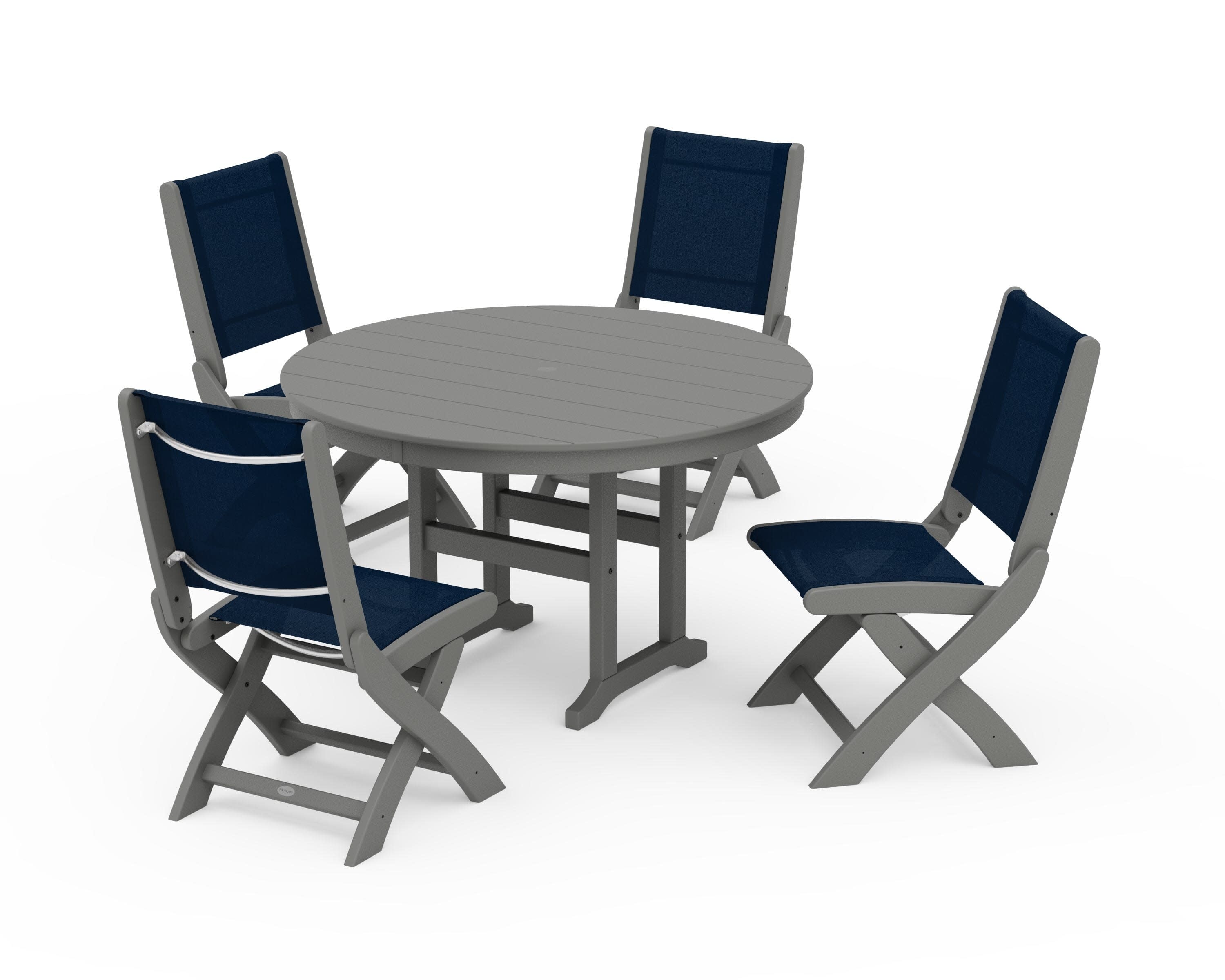 Coastal Folding Side Chair 5-Piece Round Dining Set in Slate Grey / Navy Blue Sling