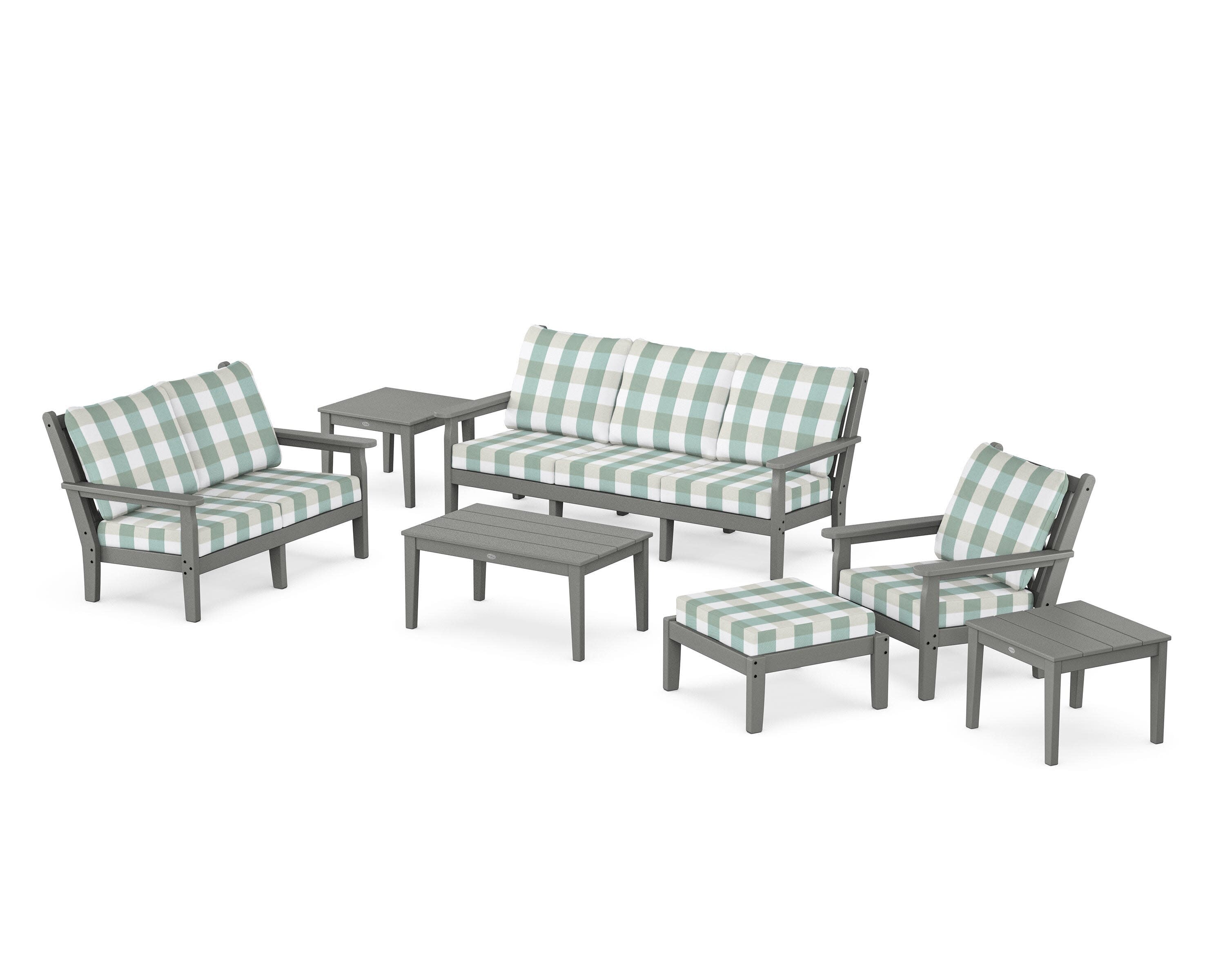 Chippendale 7-Piece Deep Seating Set in Slate Grey / Buffalo Plaid Glacier Spa