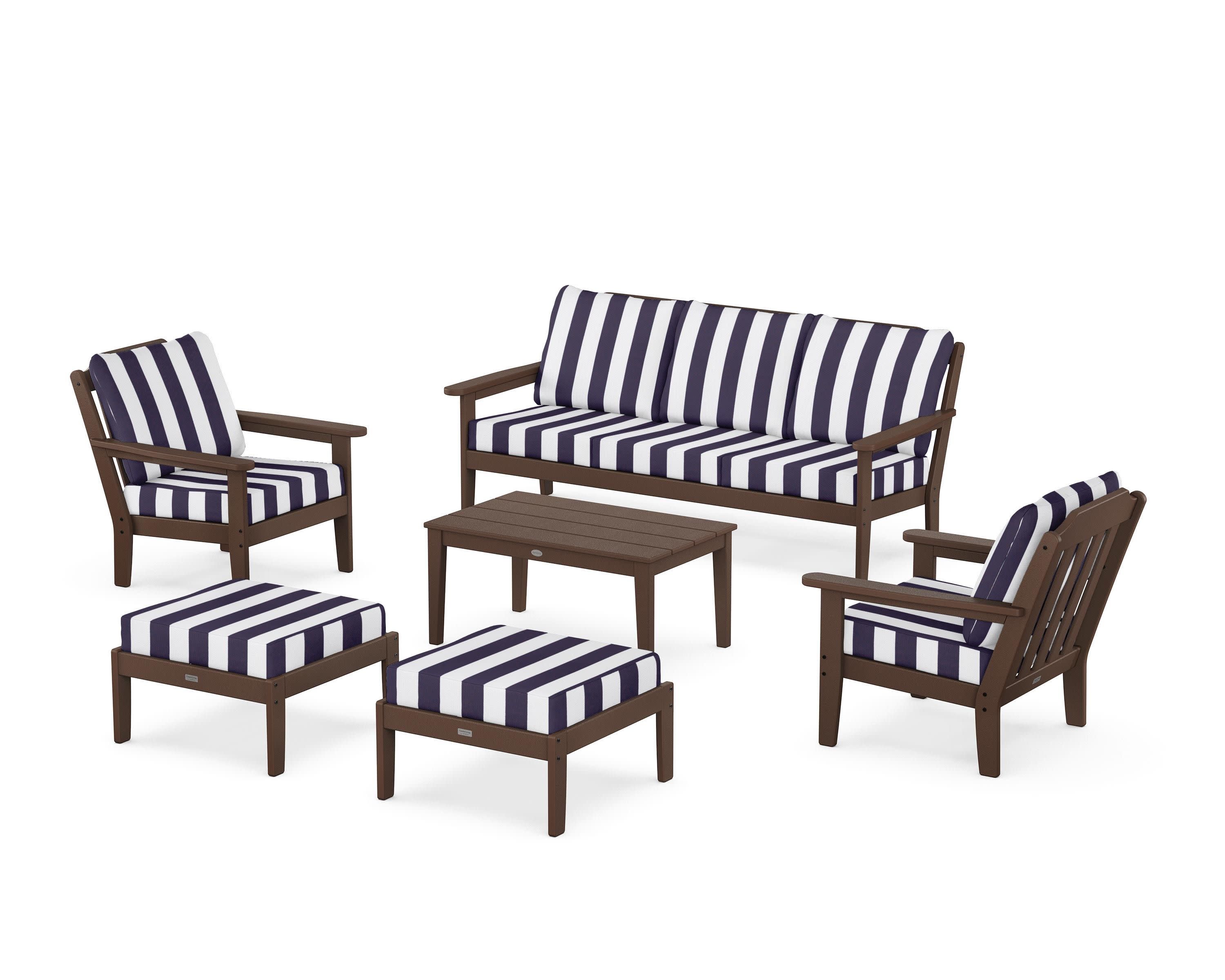 Cottage 6-Piece Lounge Sofa Set in Mahogany / Cabana Stripe Navy