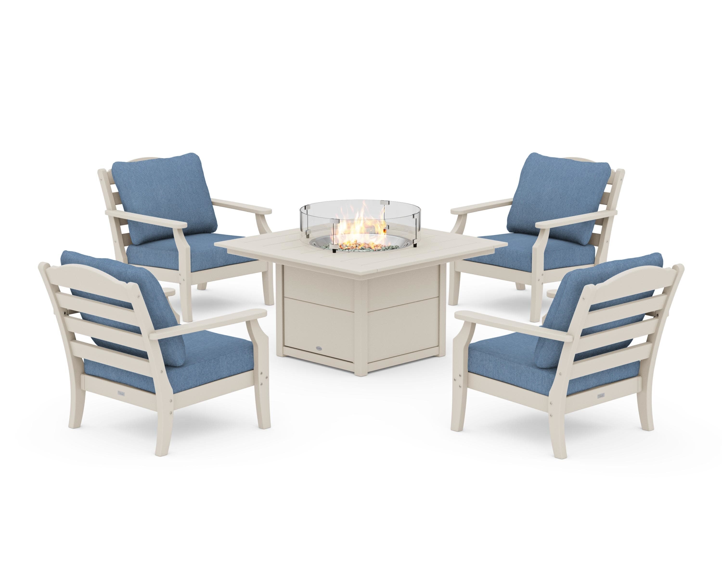 Savannah 5-Piece Deep Seating Set with Fire Pit Table in Sand / Sky Blue