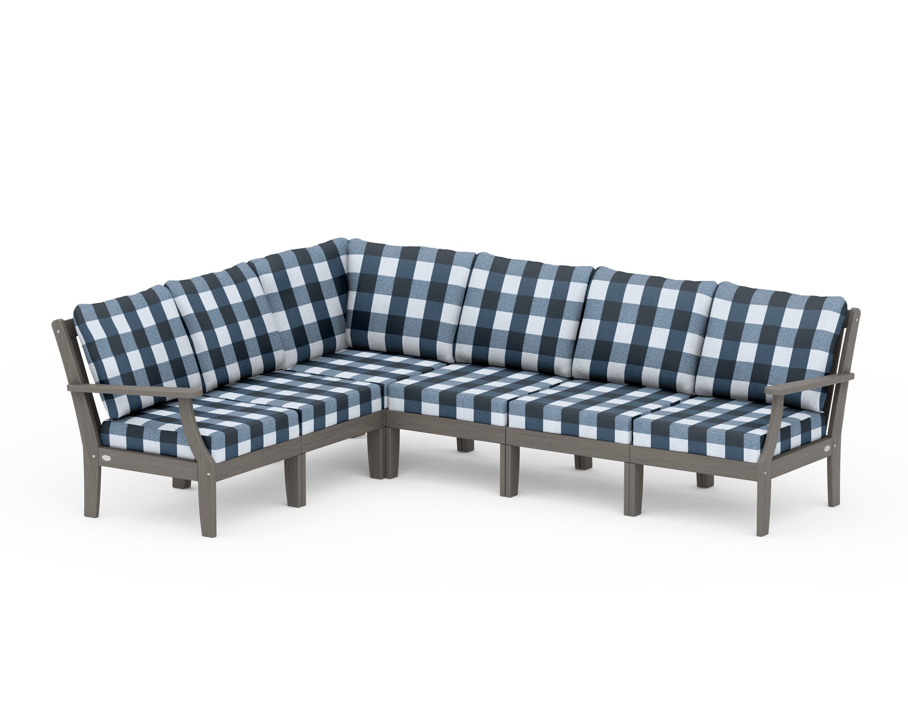 Braxton Modular 6-Piece Deep Seating Set in Driftwood / Buffalo Plaid Marine Indigo