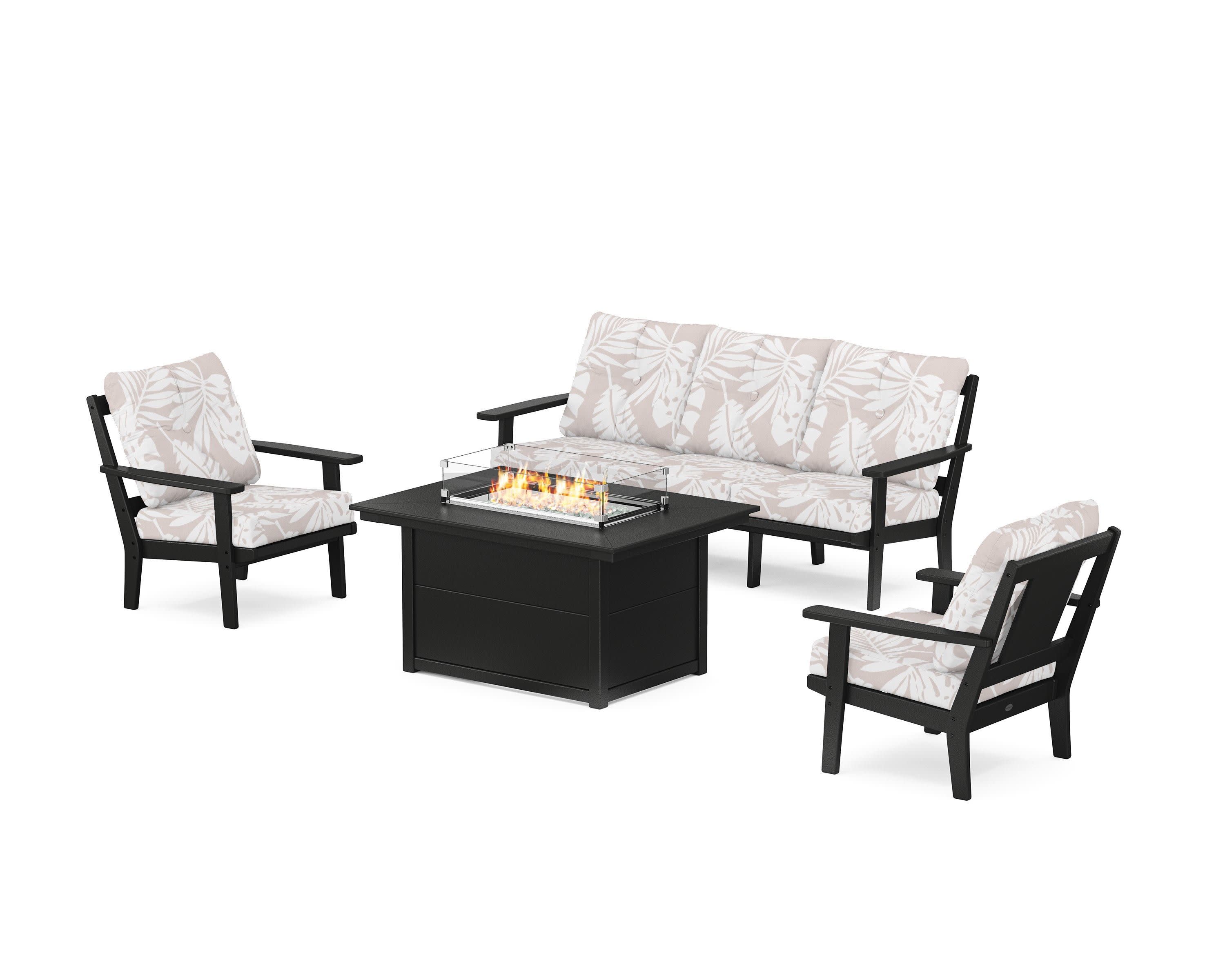 Prairie Deep Seating Fire Pit Table Set in Black / Leaf Dune Burlap