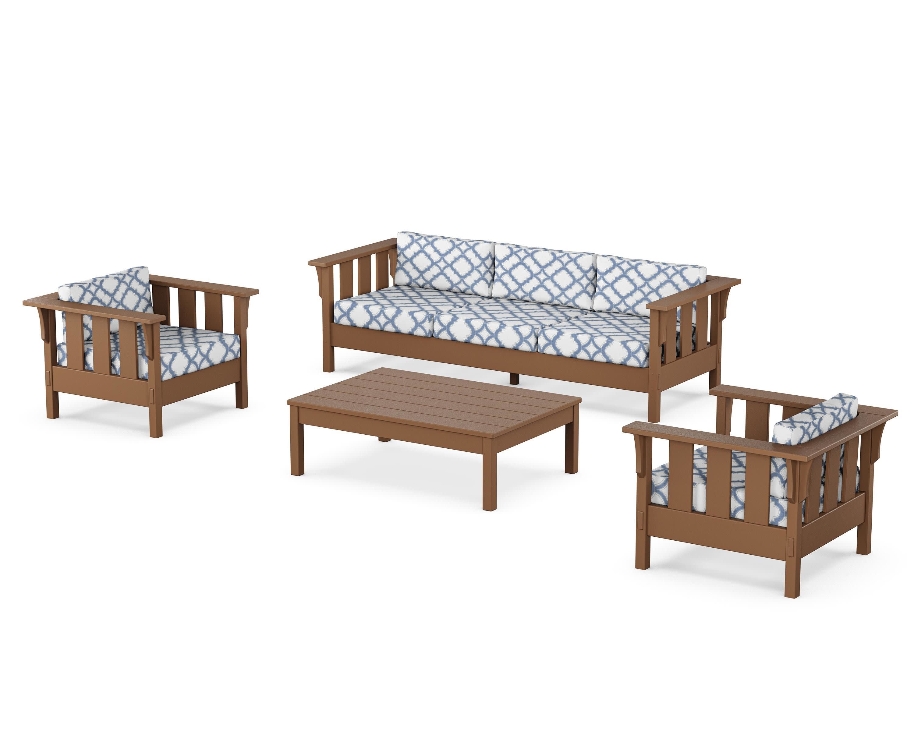 Acadia 4-Piece Deep Seating Set with Sofa in Teak / Trellis Sky Blue