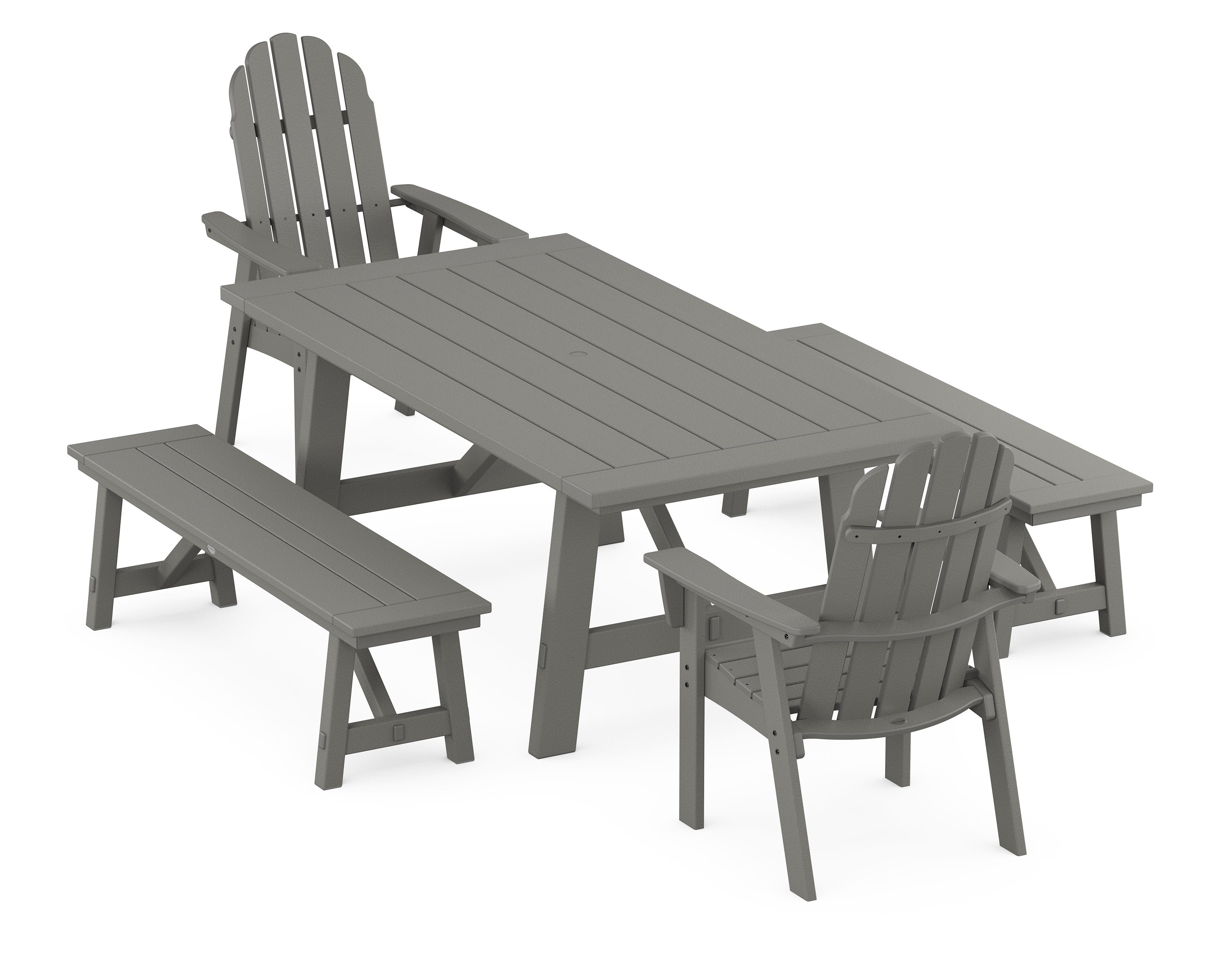 Vineyard Curveback Adirondack 5-Piece Rustic Farmhouse Dining Set With Benches in Slate Grey