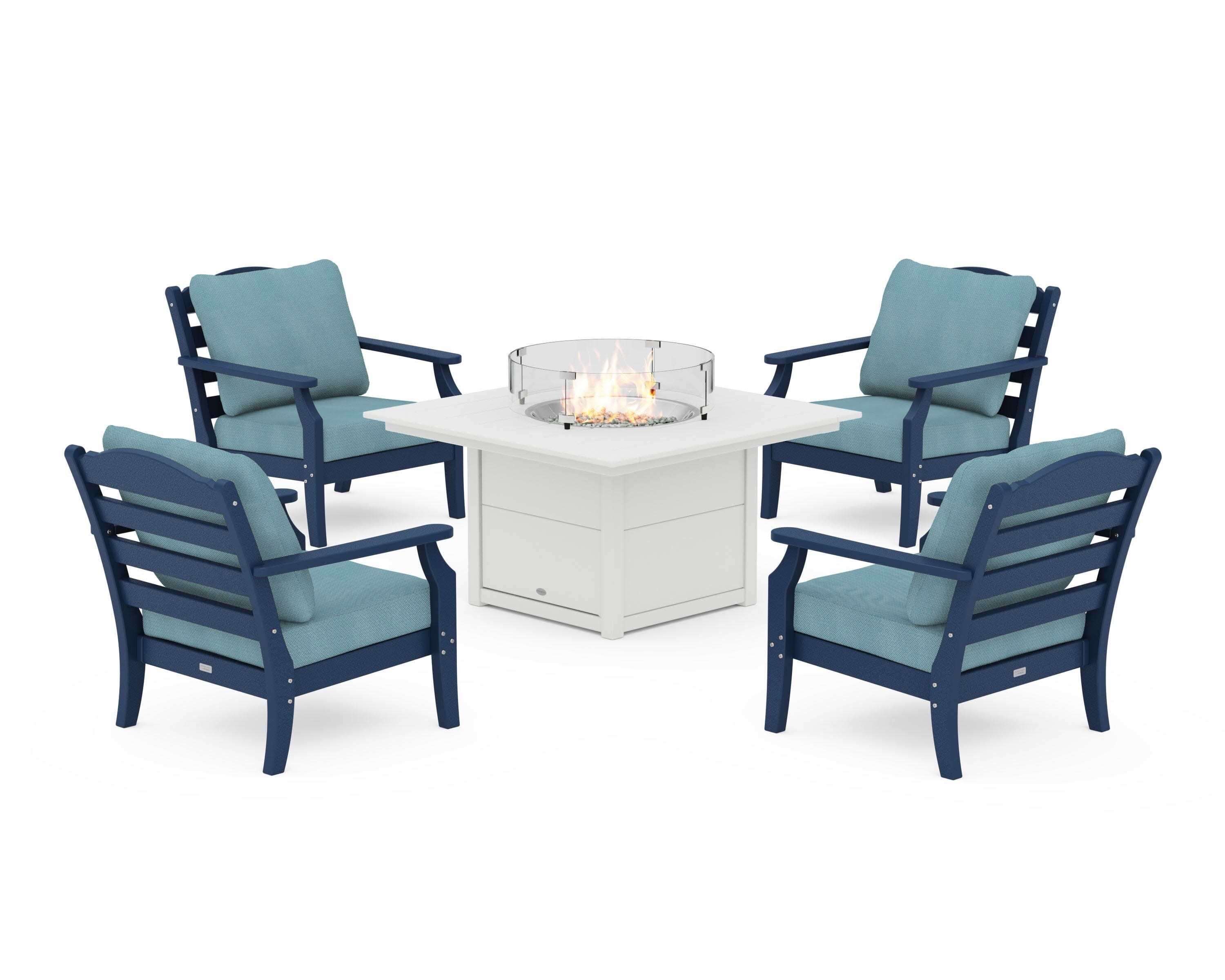Savannah 5-Piece Deep Seating Set with Fire Pit Table in Navy / Lattice Sky Blue