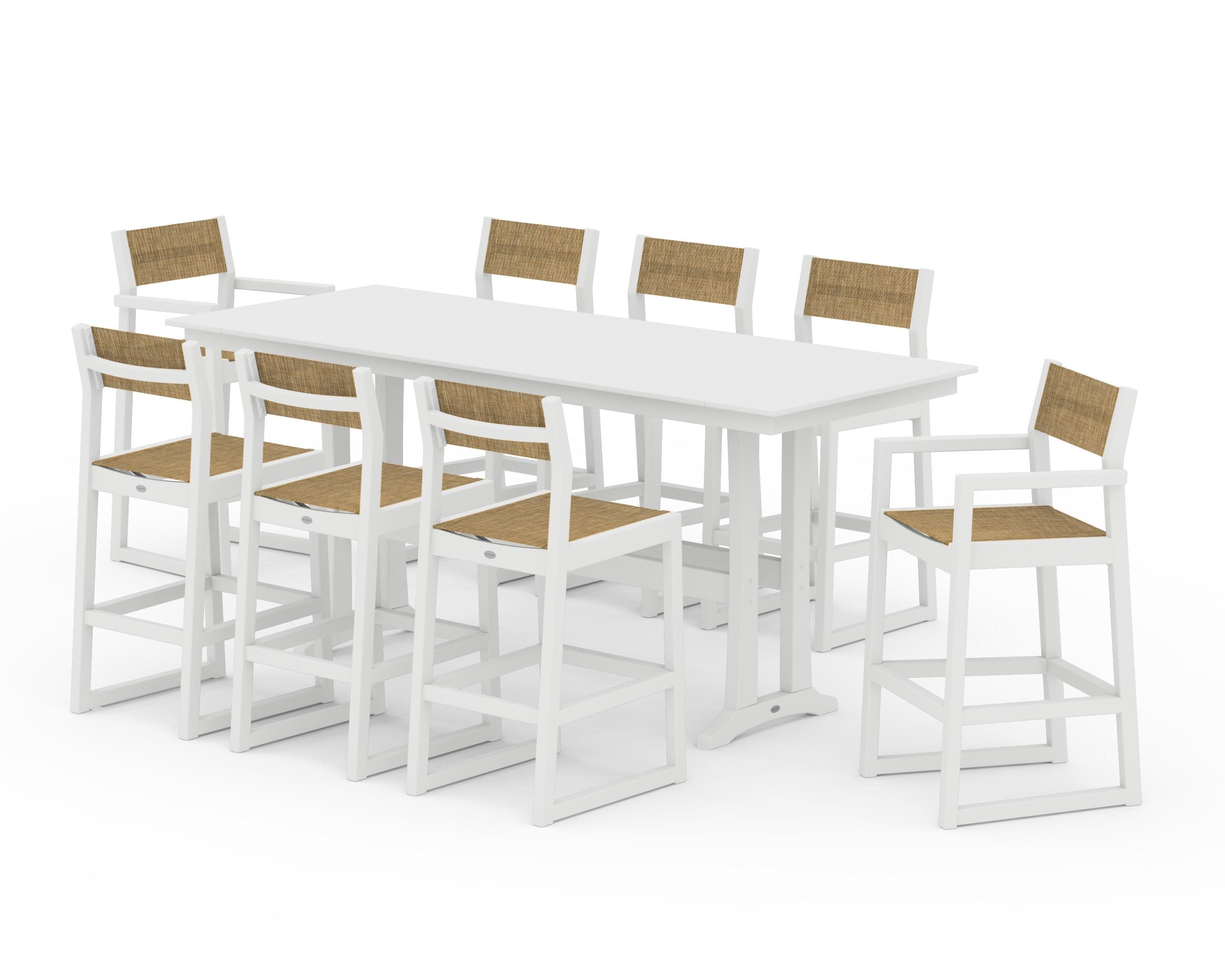 EDGE Sling 9-Piece Farmhouse Bar Set with Trestle Legs in White / Burlap Sling