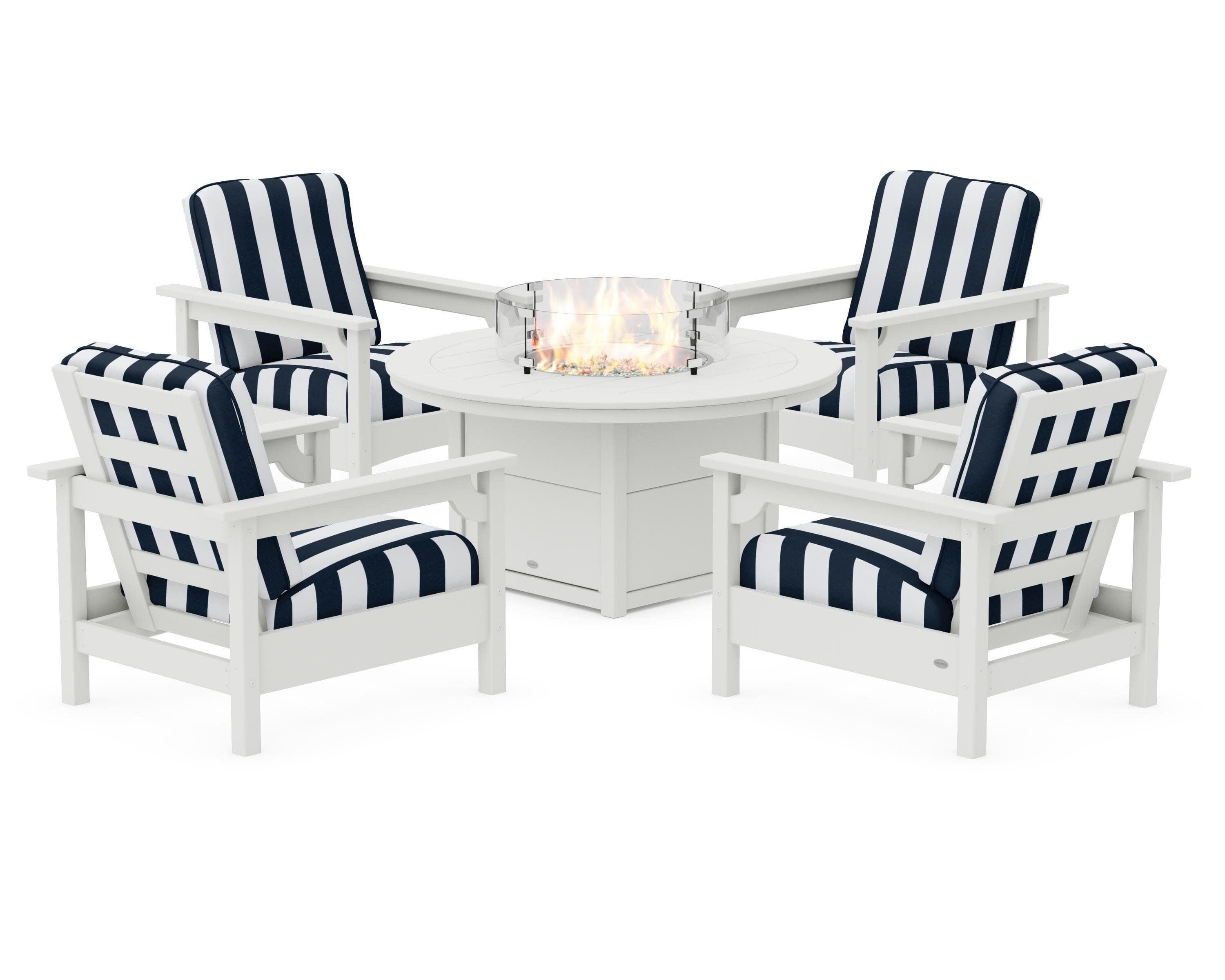 Club 5-Piece Conversation Set with Fire Pit Table in Vintage White / Cabana Stripe Marine Indigo