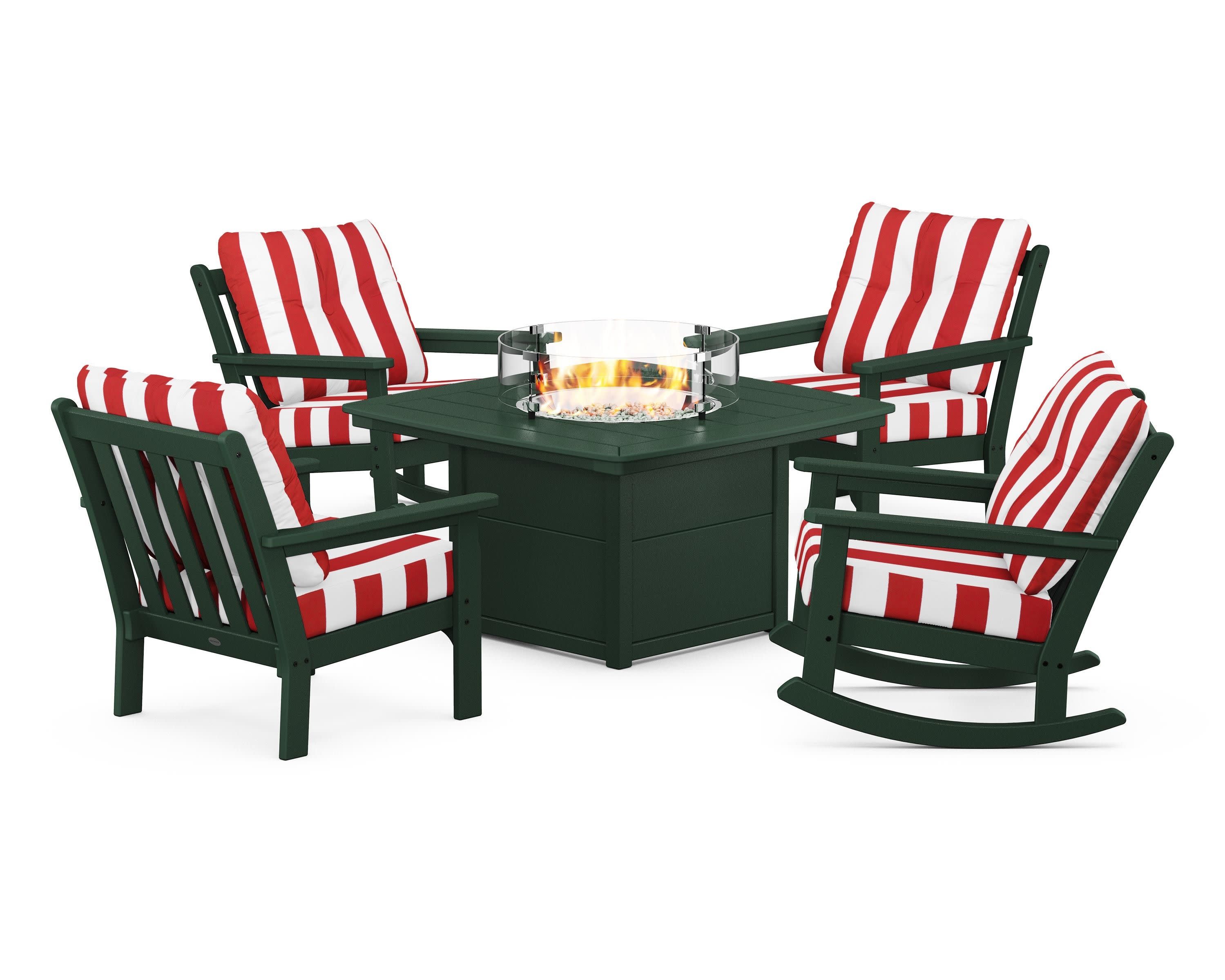 Vineyard 5-Piece Deep Seating Rocking Chair Conversation Set with Fire Pit Table in Green / Cabana Stripe Crimson