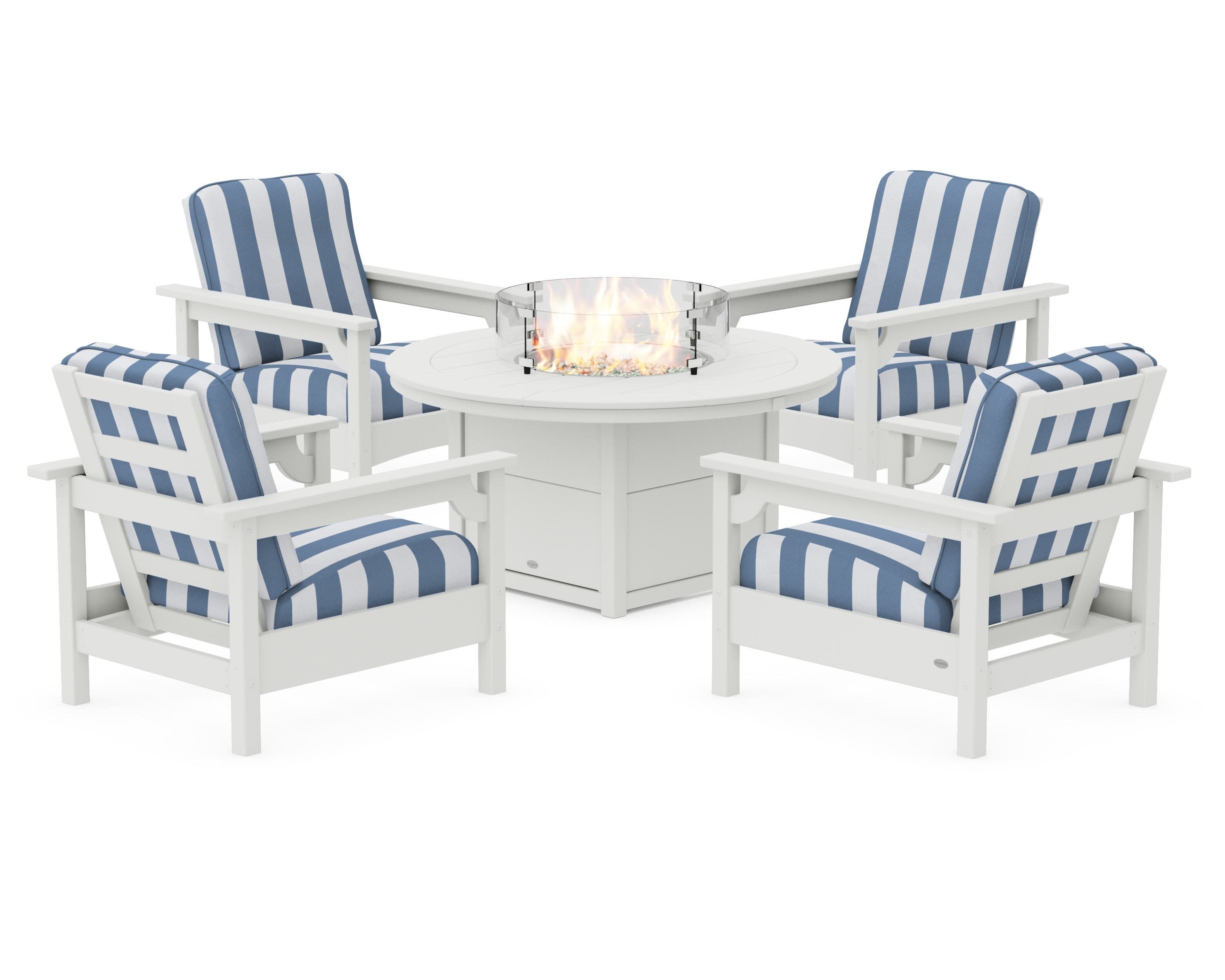 Club 5-Piece Conversation Set with Fire Pit Table in Vintage White / Cabana Stripe Sky Blue