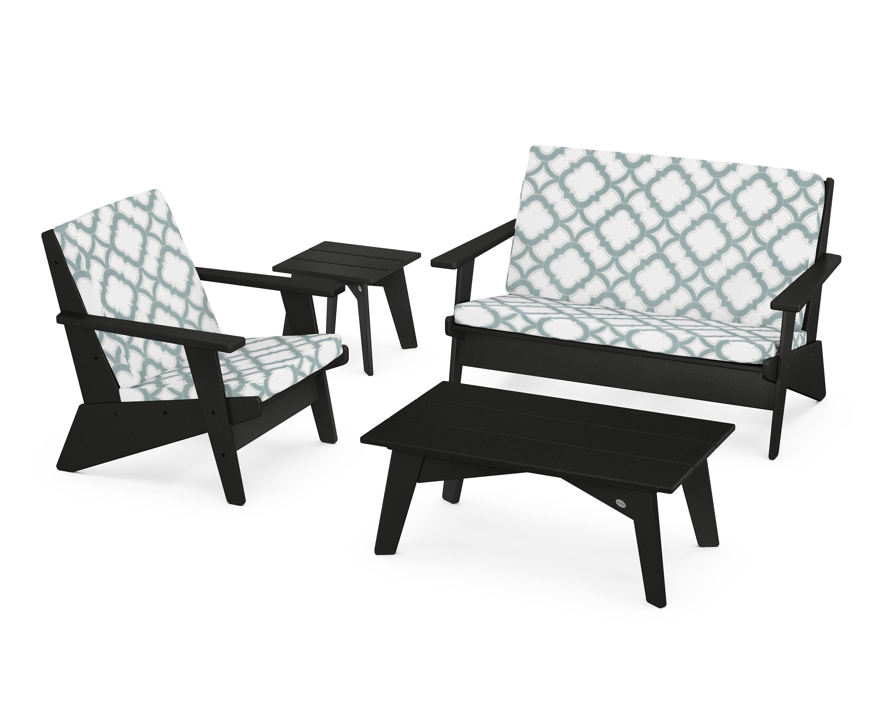 Riviera Modern Lounge 4-Piece Set in Black / Trellis Glacier Spa