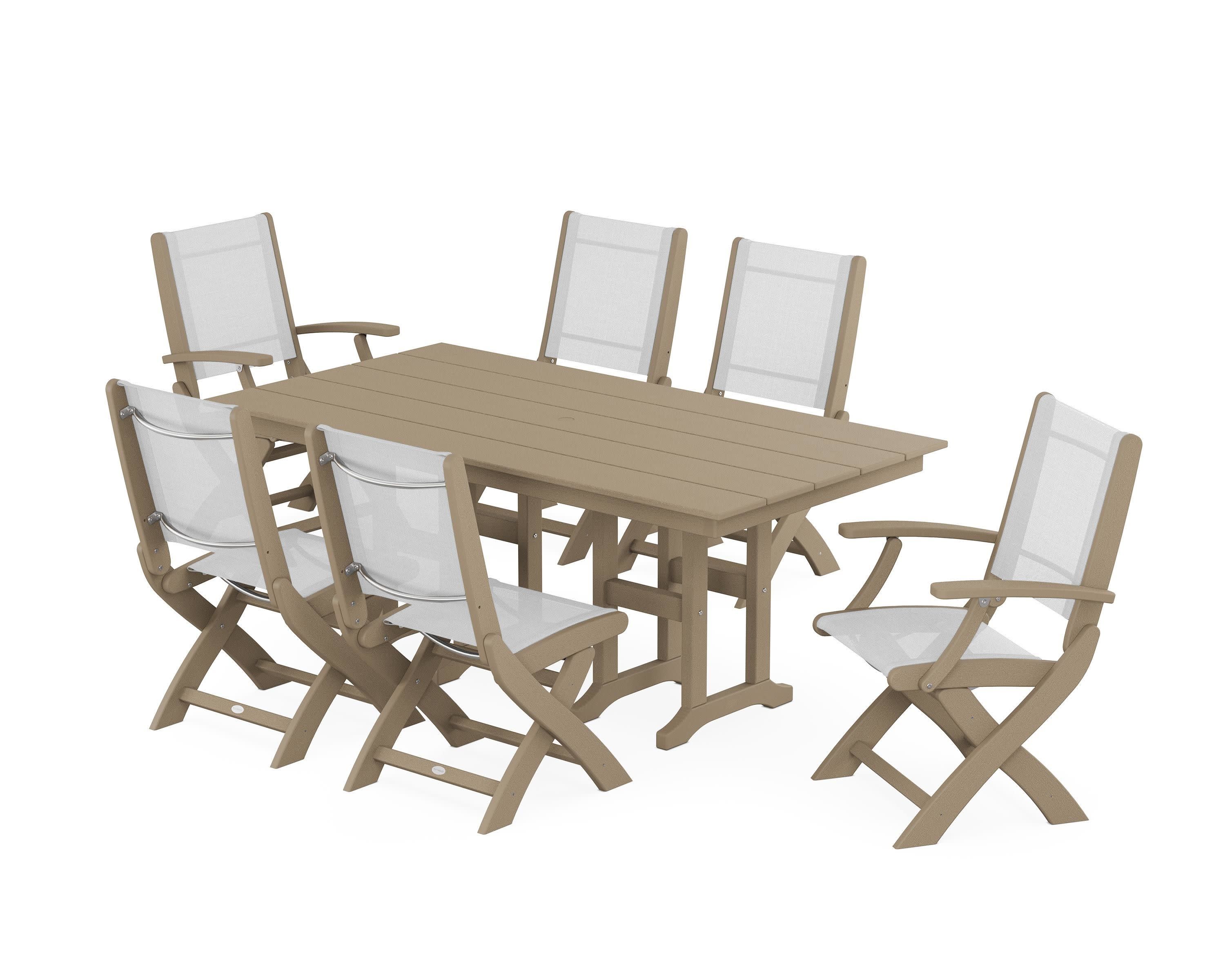 Coastal Folding Chair 7-Piece Farmhouse Dining Set in Vintage Sahara / White Sling