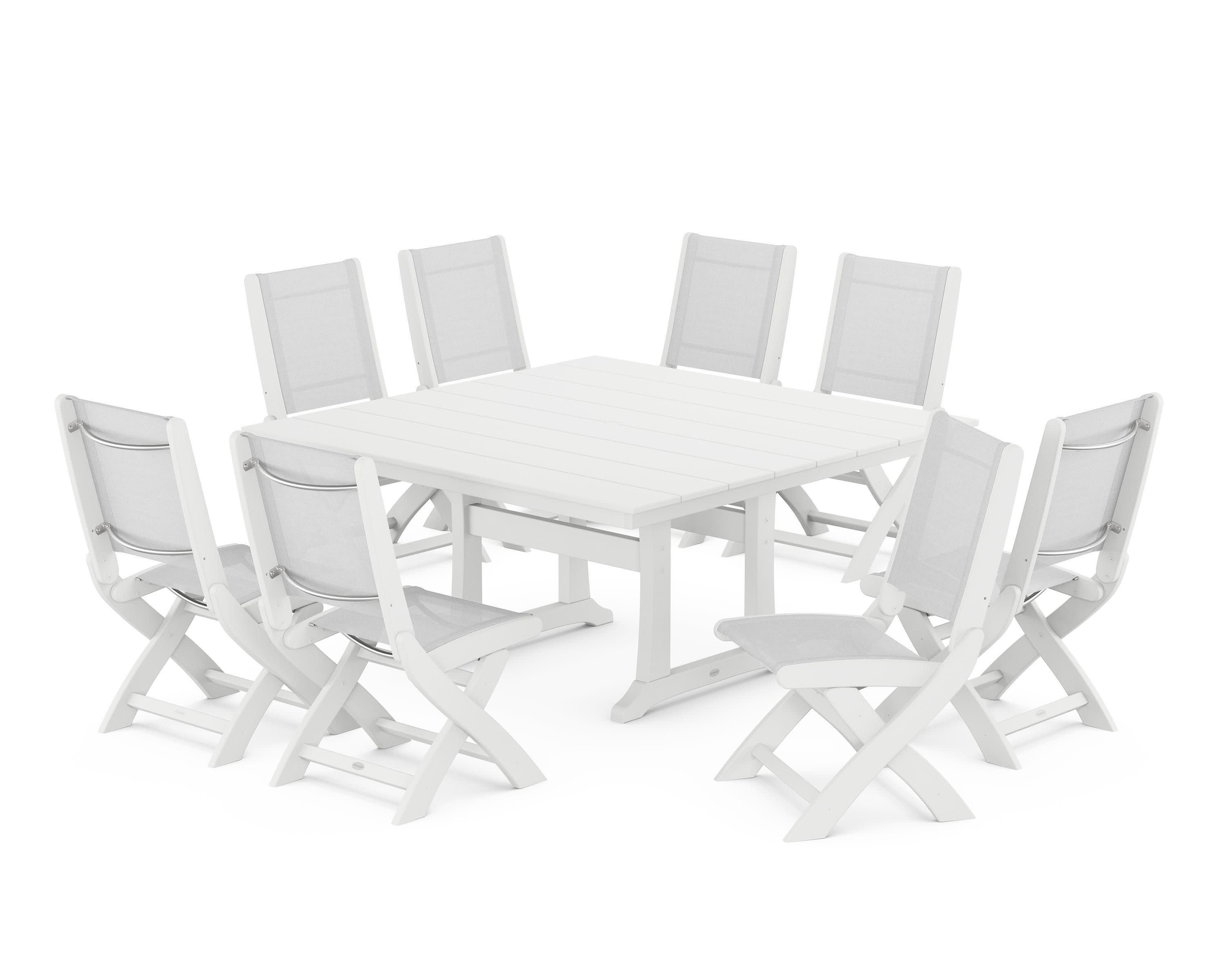 Coastal Folding Side Chair 9-Piece Farmhouse Dining Set in White / White Sling