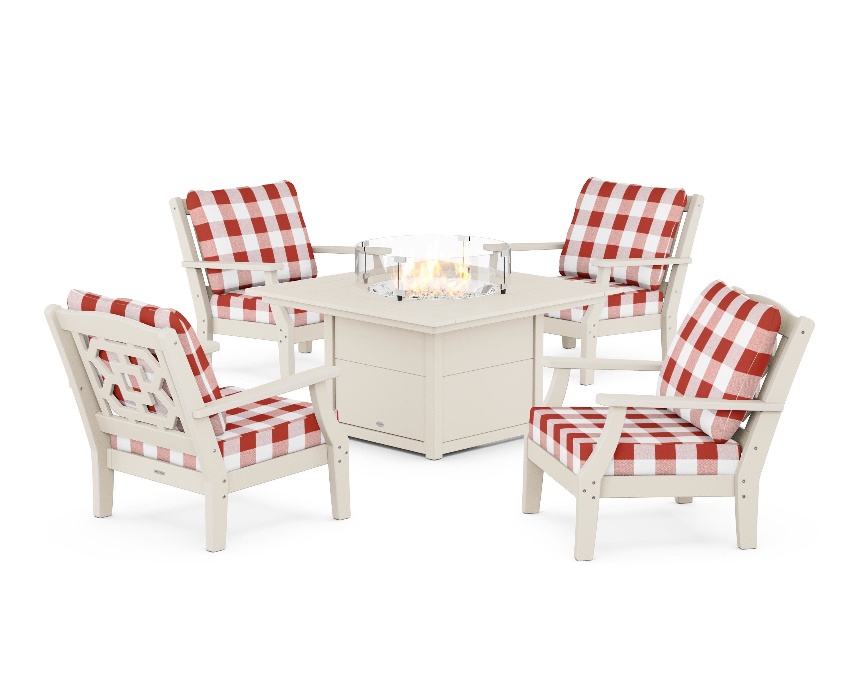 Chinoiserie 5-Piece Deep Seating Set with Fire Pit Table in Sand / Buffalo Plaid Crimson