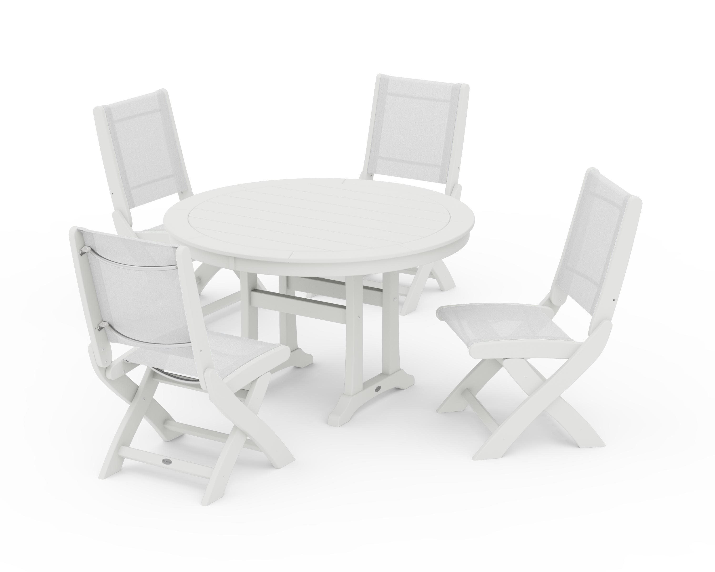 Coastal Folding Side Chair 5-Piece Round Dining Set With Trestle Legs in Vintage White / White Sling