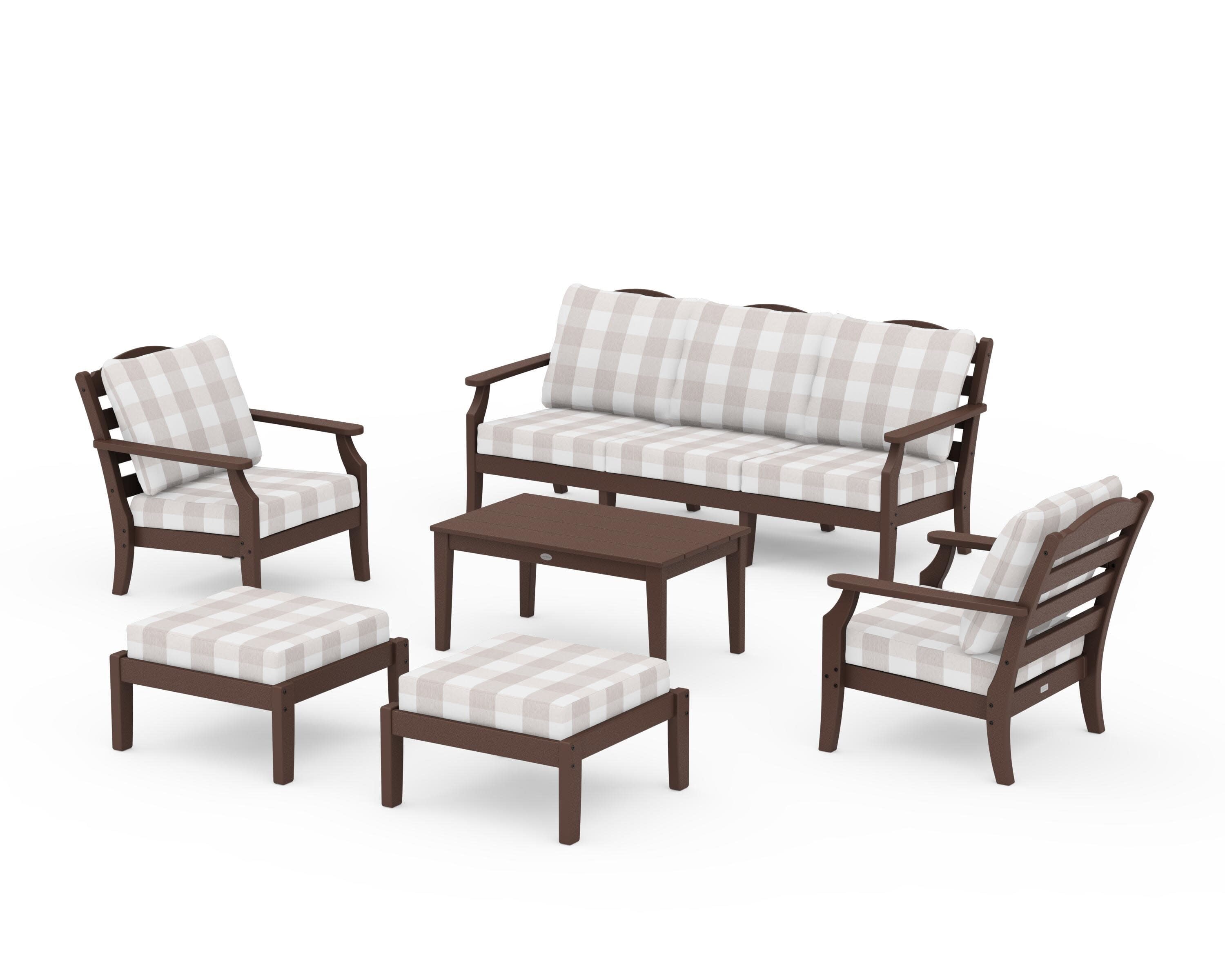 Savannah 6-Piece Lounge Sofa Set in Mahogany / Buffalo Plaid Dune Burlap