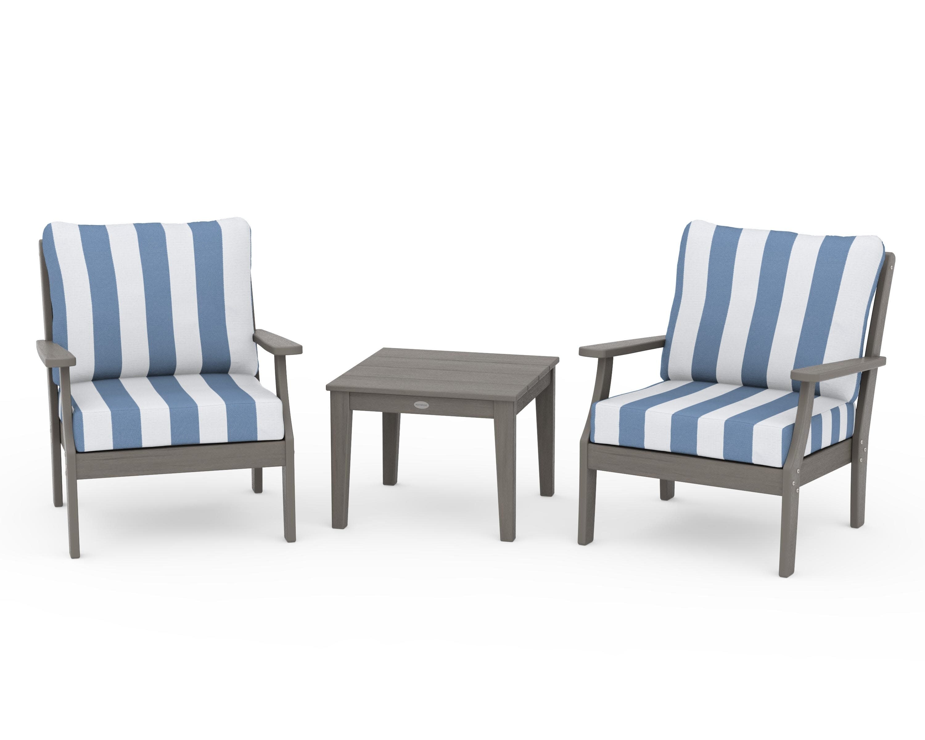Braxton 3-Piece Deep Seating Set in Driftwood / Cabana Stripe Sky Blue