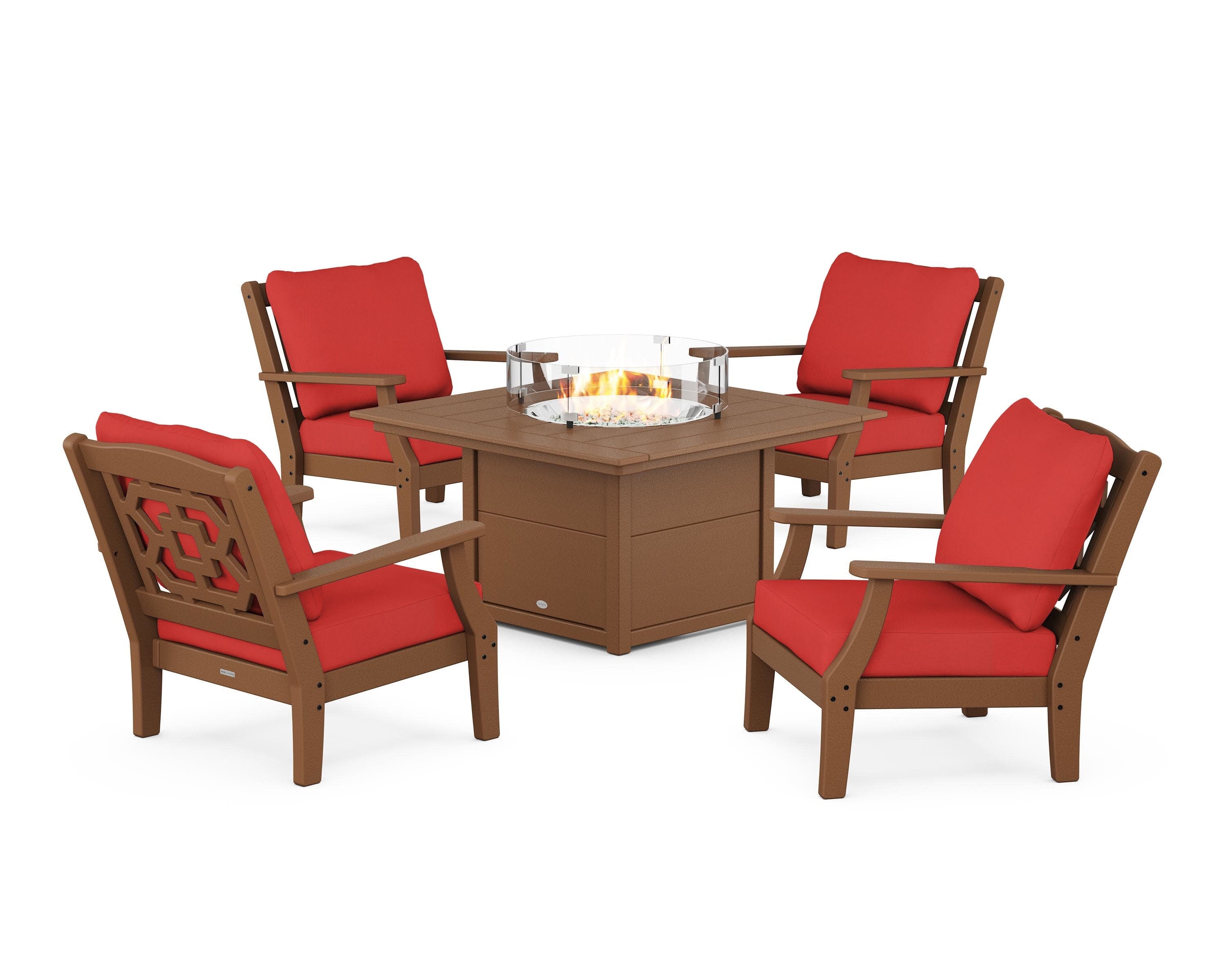 Chinoiserie 5-Piece Deep Seating Set with Fire Pit Table in Teak / Crimson Linen