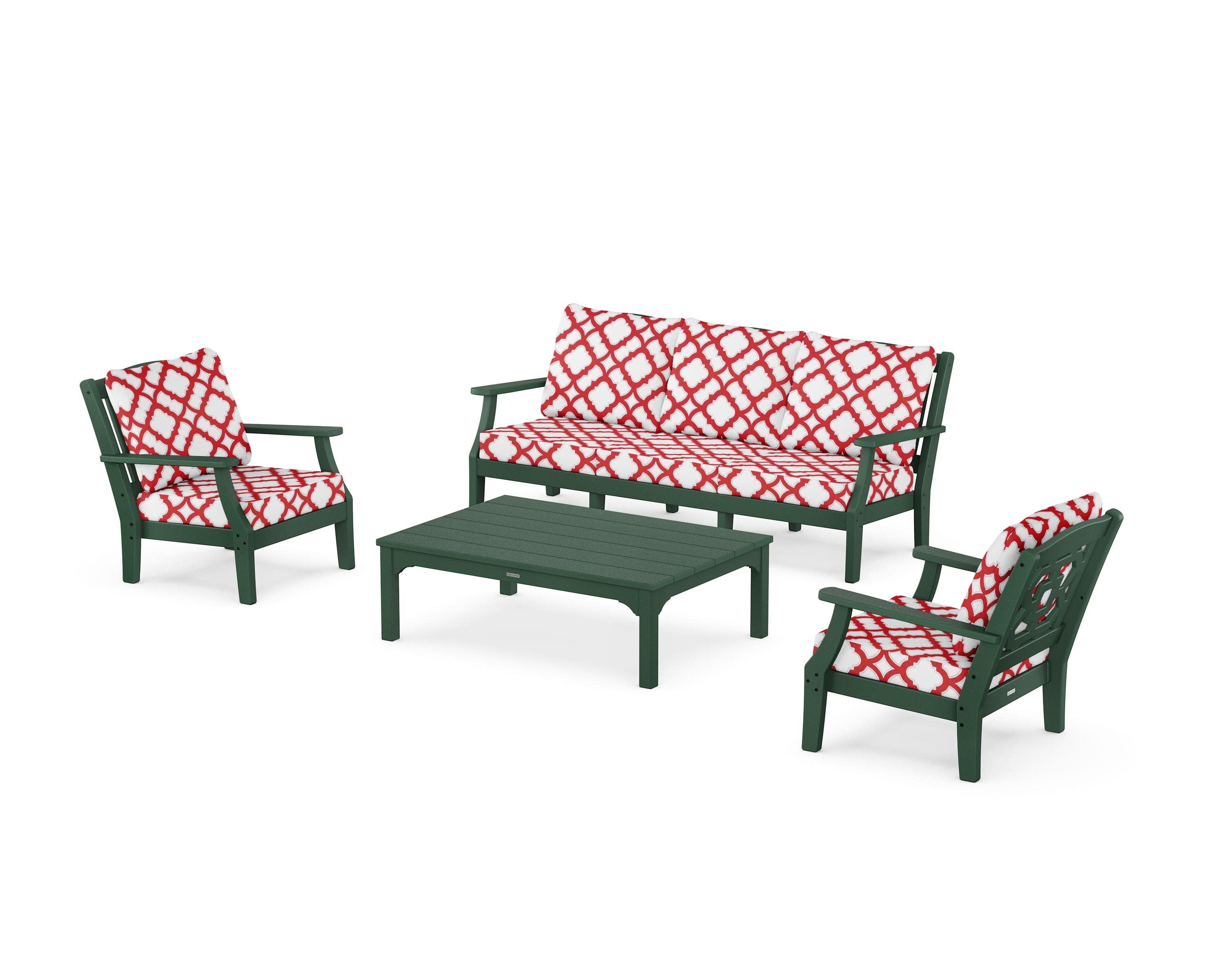 Chinoiserie 4-Piece Deep Seating Set with Sofa in Green / Trellis Crimson