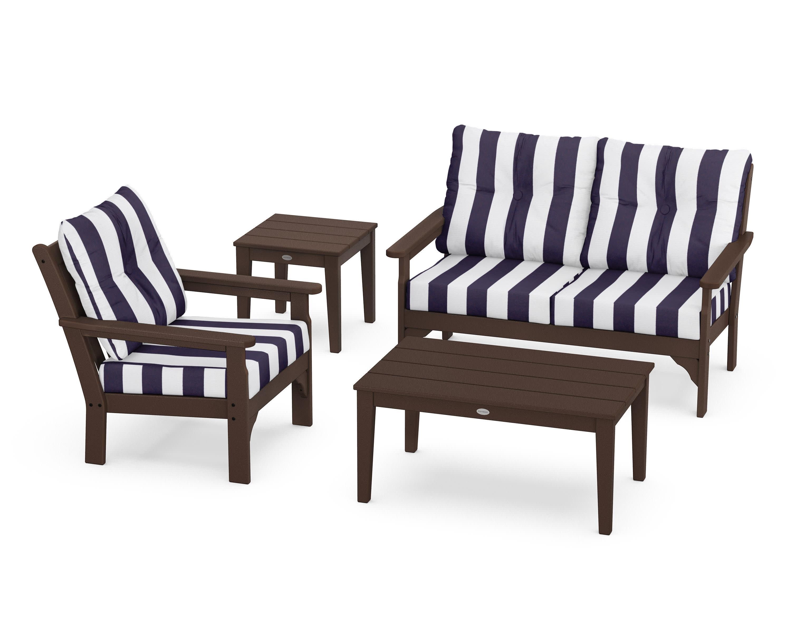 Vineyard 4-Piece Deep Seating Set in Mahogany / Cabana Stripe Navy