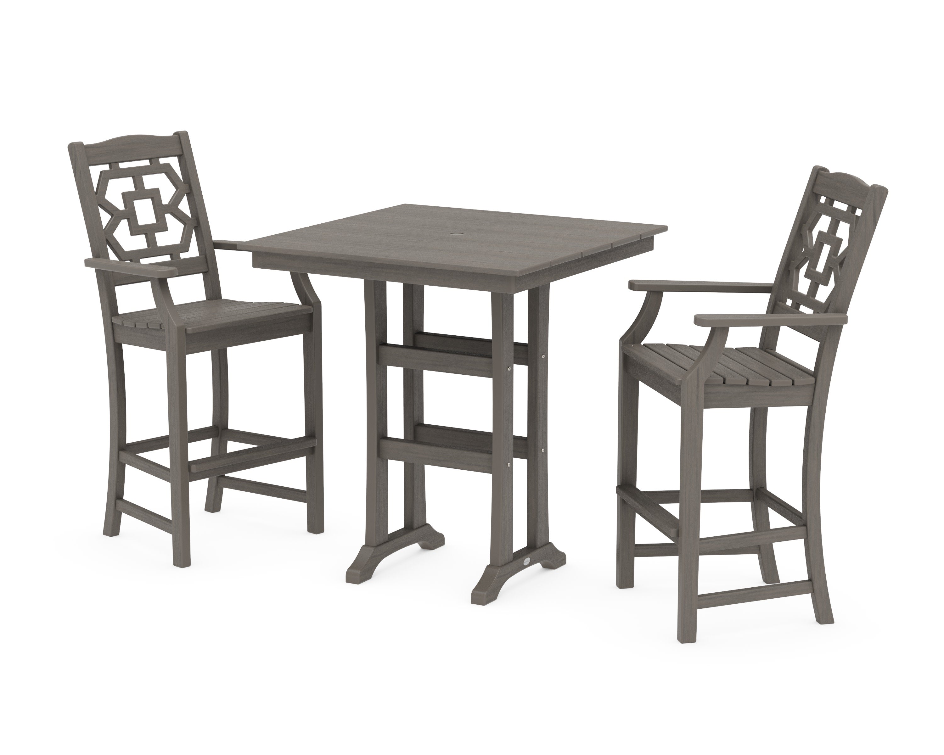 Chinoiserie 3-Piece Farmhouse Bar Set with Trestle Legs in Driftwood