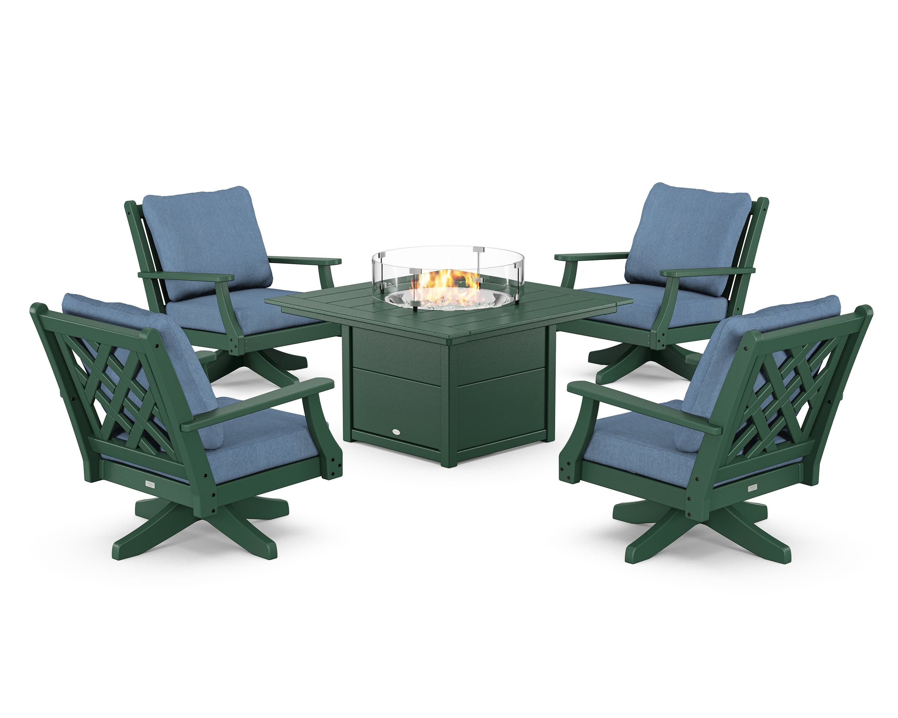 Wovendale 5-Piece Deep Seating Swivel Conversation Set with Fire Pit Table in Green / Sky Blue