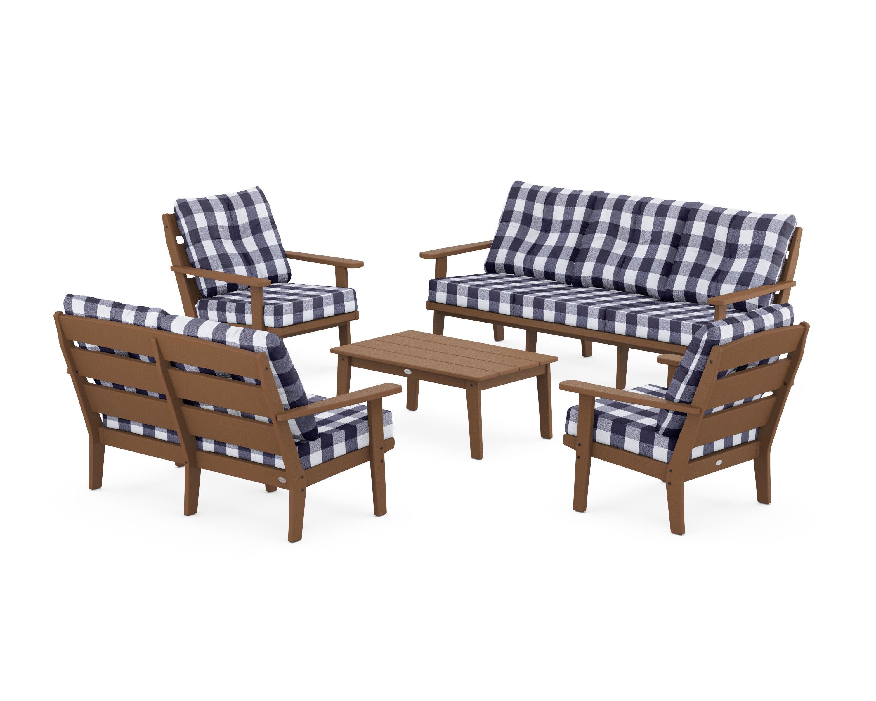 Lakeside 5-Piece Lounge Sofa Set in Teak / Buffalo Plaid Navy