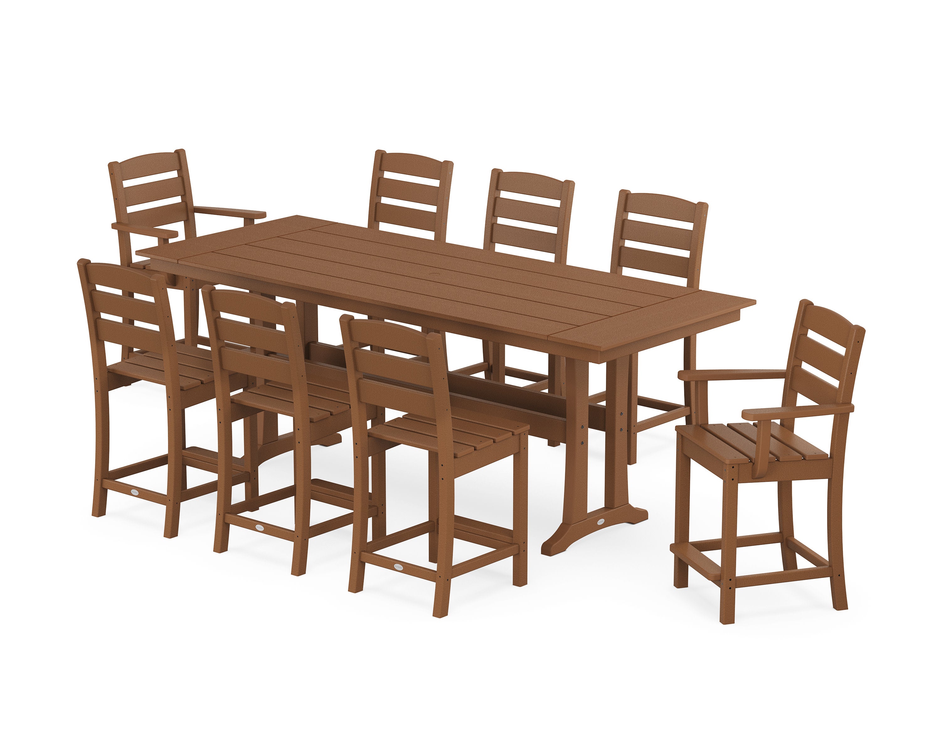 Lakeside 9-Piece Farmhouse Counter Set with Trestle Legs in Teak