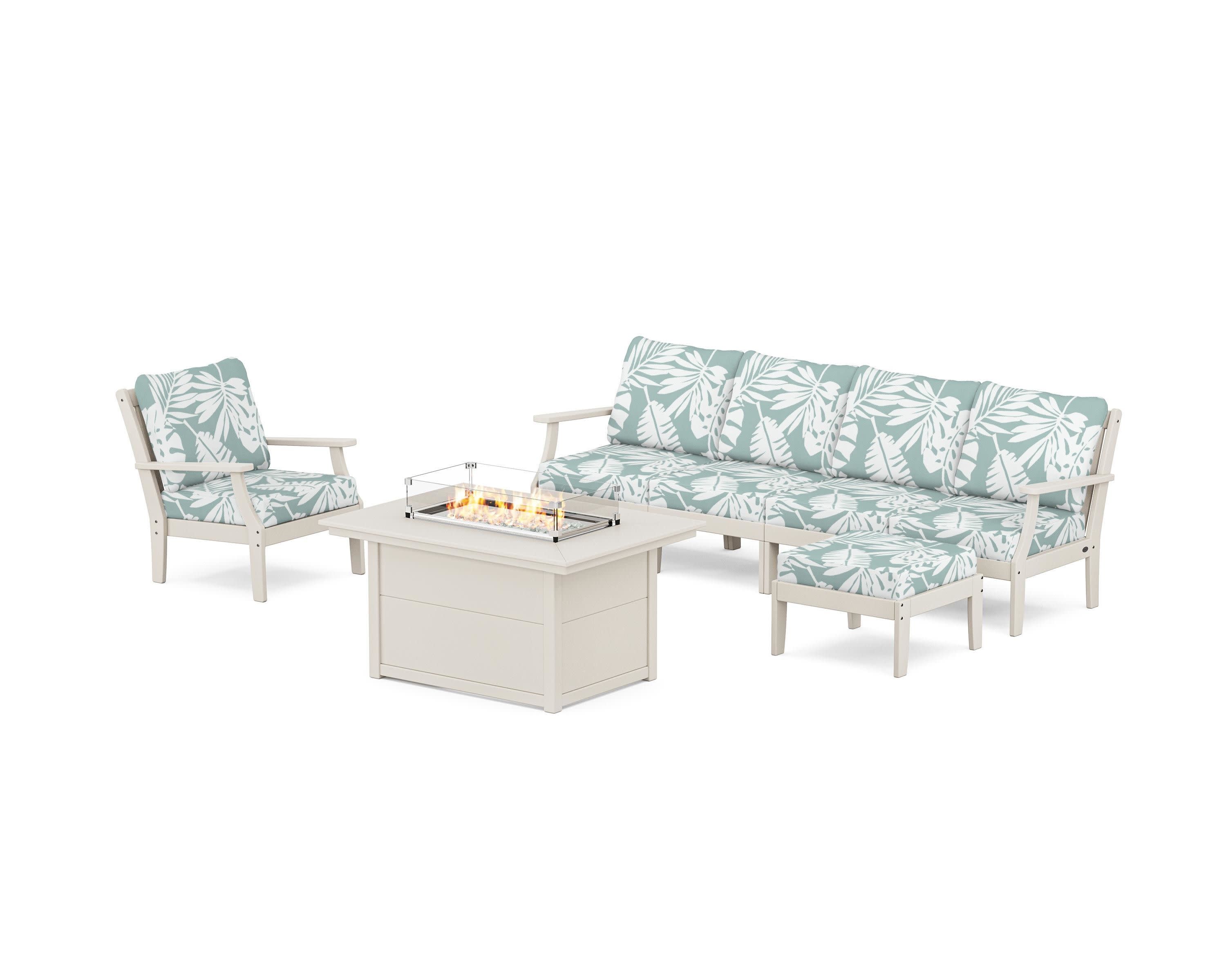 Braxton Sectional Lounge and Fire Pit Set in Sand / Leaf Glacier Spa