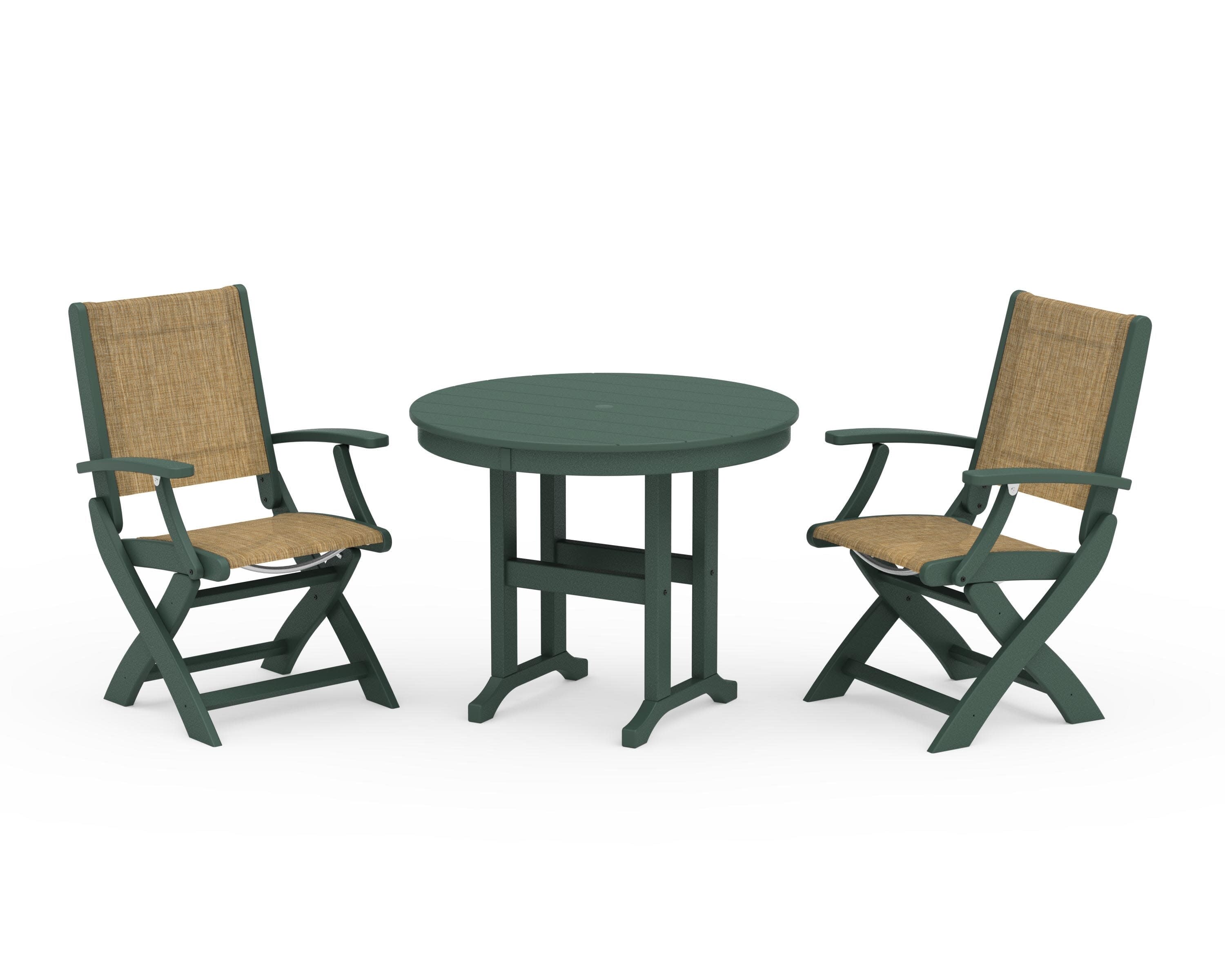 Coastal Folding Chair 3-Piece Round Dining Set in Green / Burlap Sling