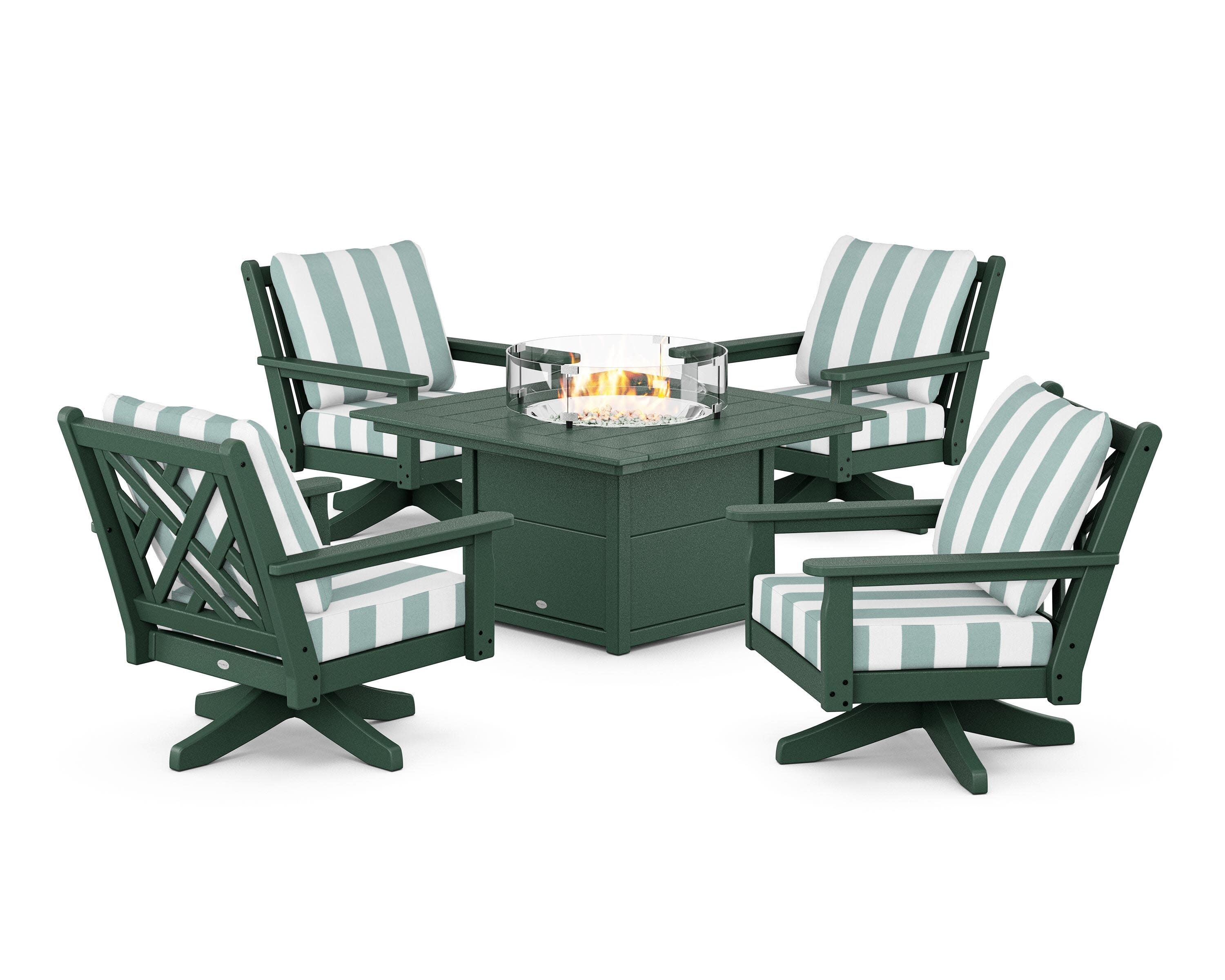 Chippendale 5-Piece Deep Seating Swivel Conversation Set with Fire Pit Table in Green / Cabana Stripe Glacier Spa