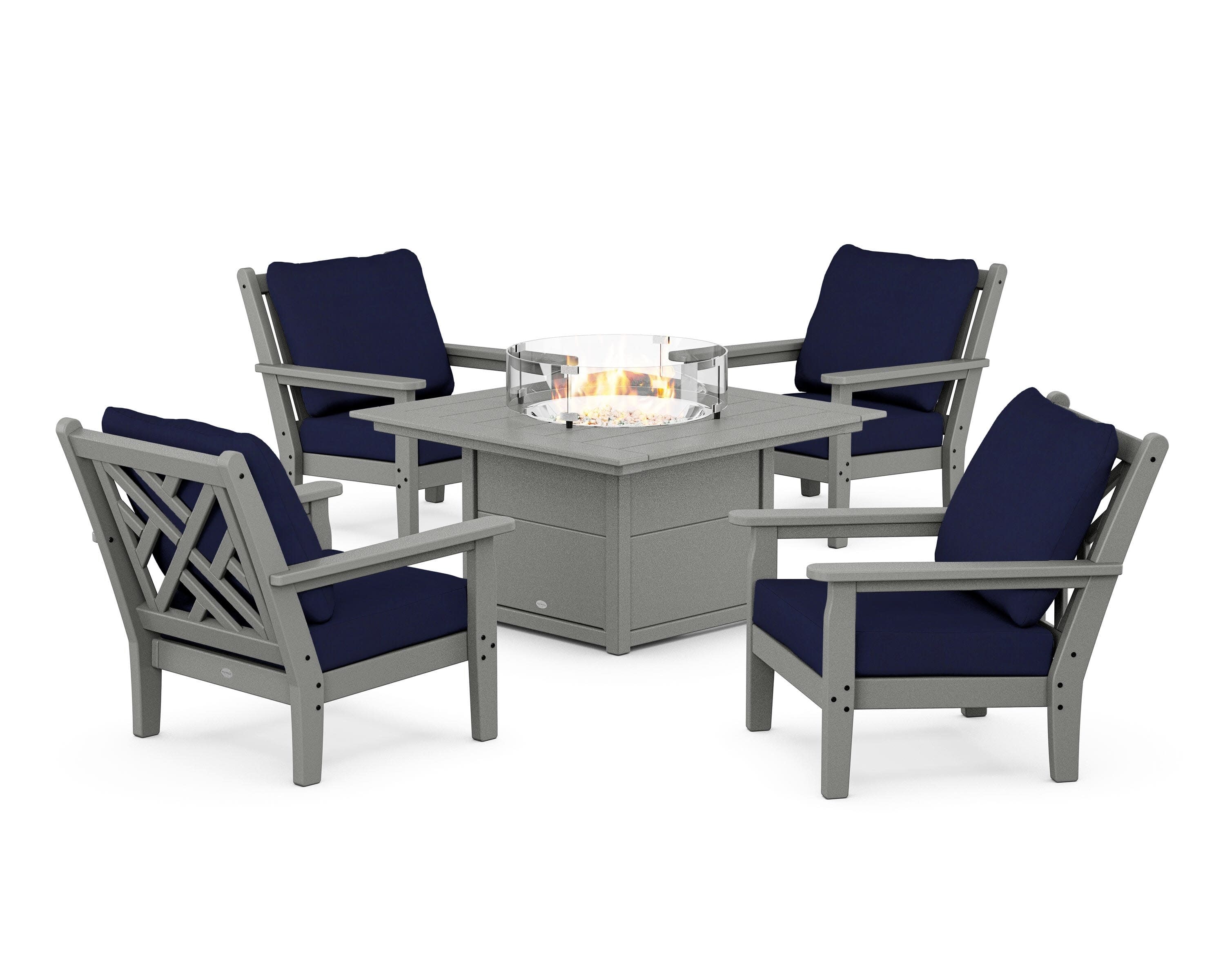 Chippendale 5-Piece Deep Seating Set with Fire Pit Table in Slate Grey / Navy