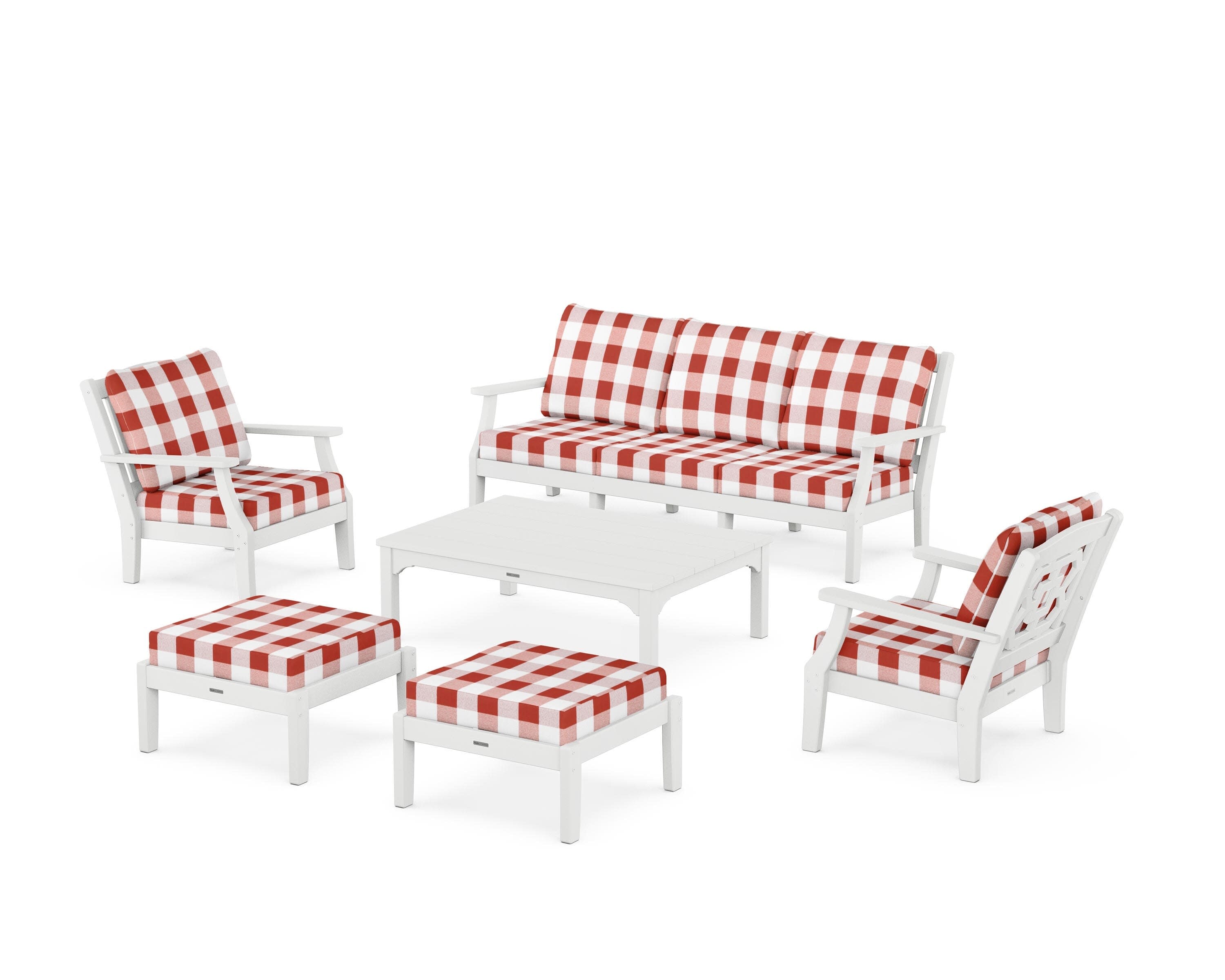 Chinoiserie 6-Piece Lounge Sofa Set in White / Buffalo Plaid Crimson