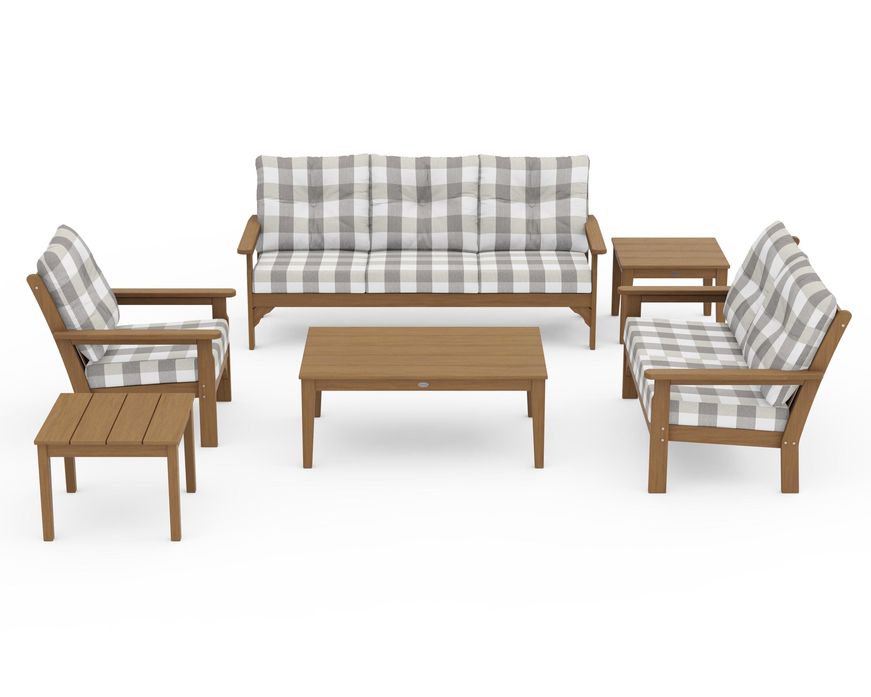 Vineyard 6-Piece Deep Seating Set in Natural / Buffalo Plaid Grey Mist