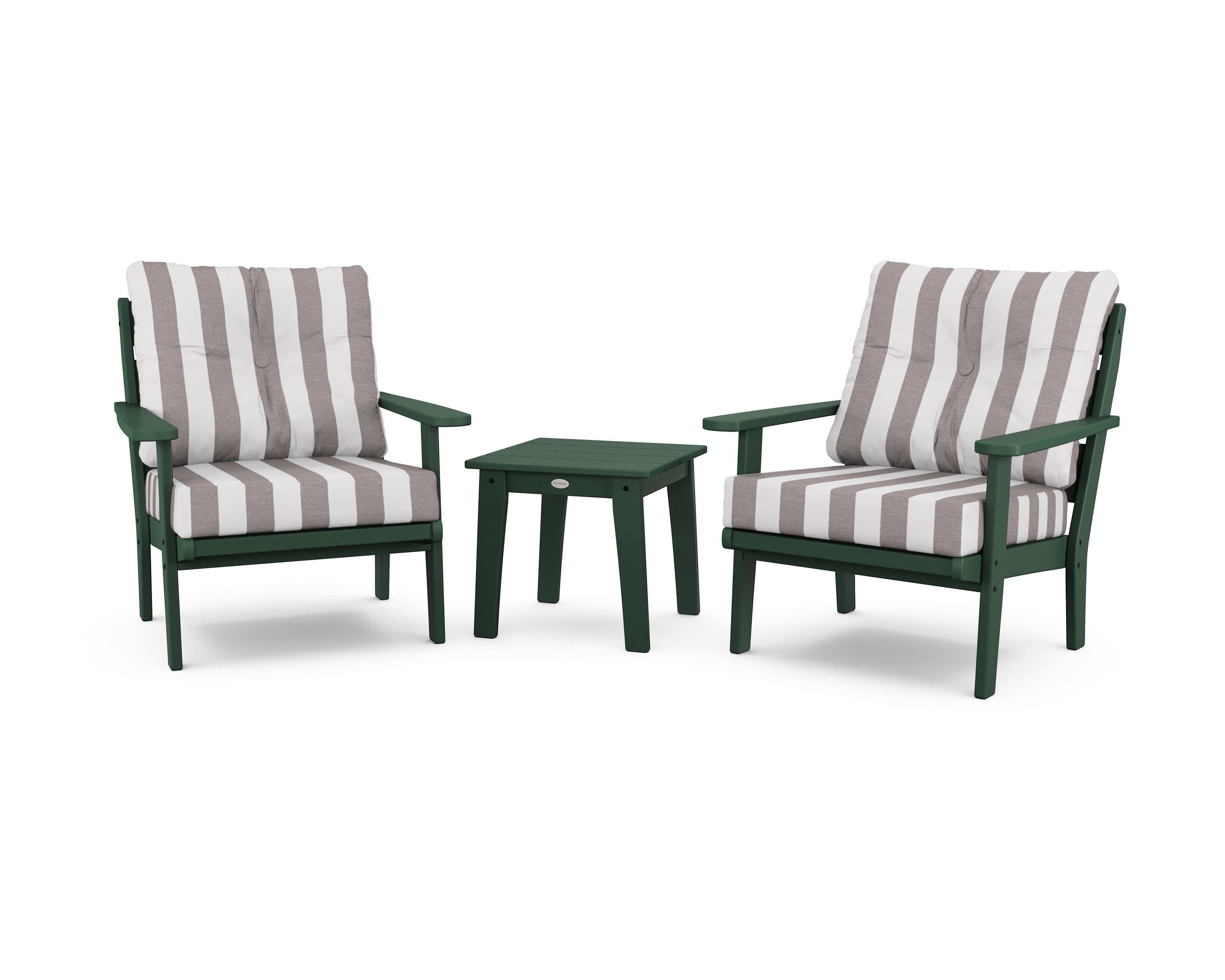 Lakeside 3-Piece Deep Seating Chair Set in Green / Cabana Stripe Grey Mist