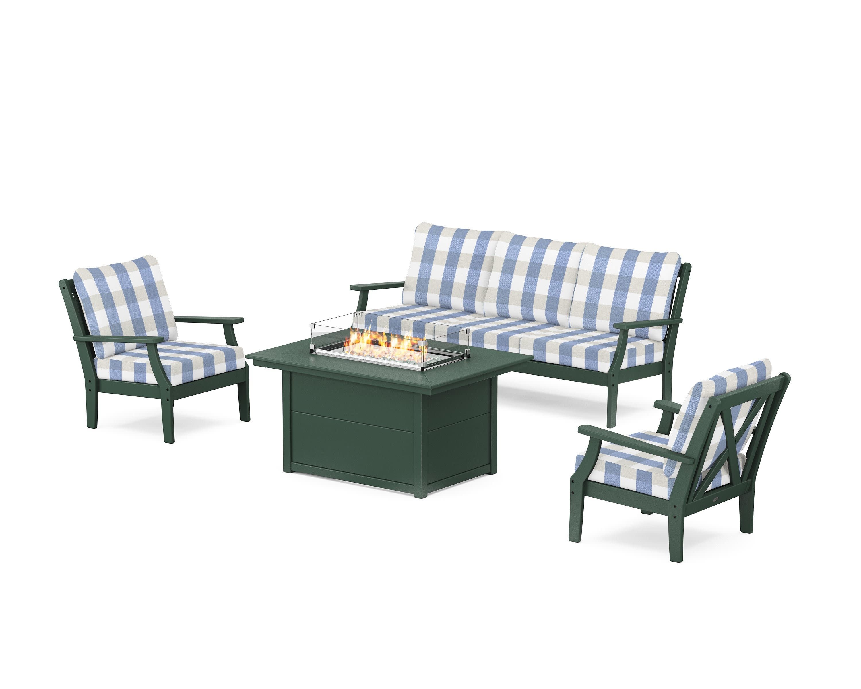 Braxton Deep Seating Fire Pit Table Set in Green / Buffalo Plaid Sky Blue