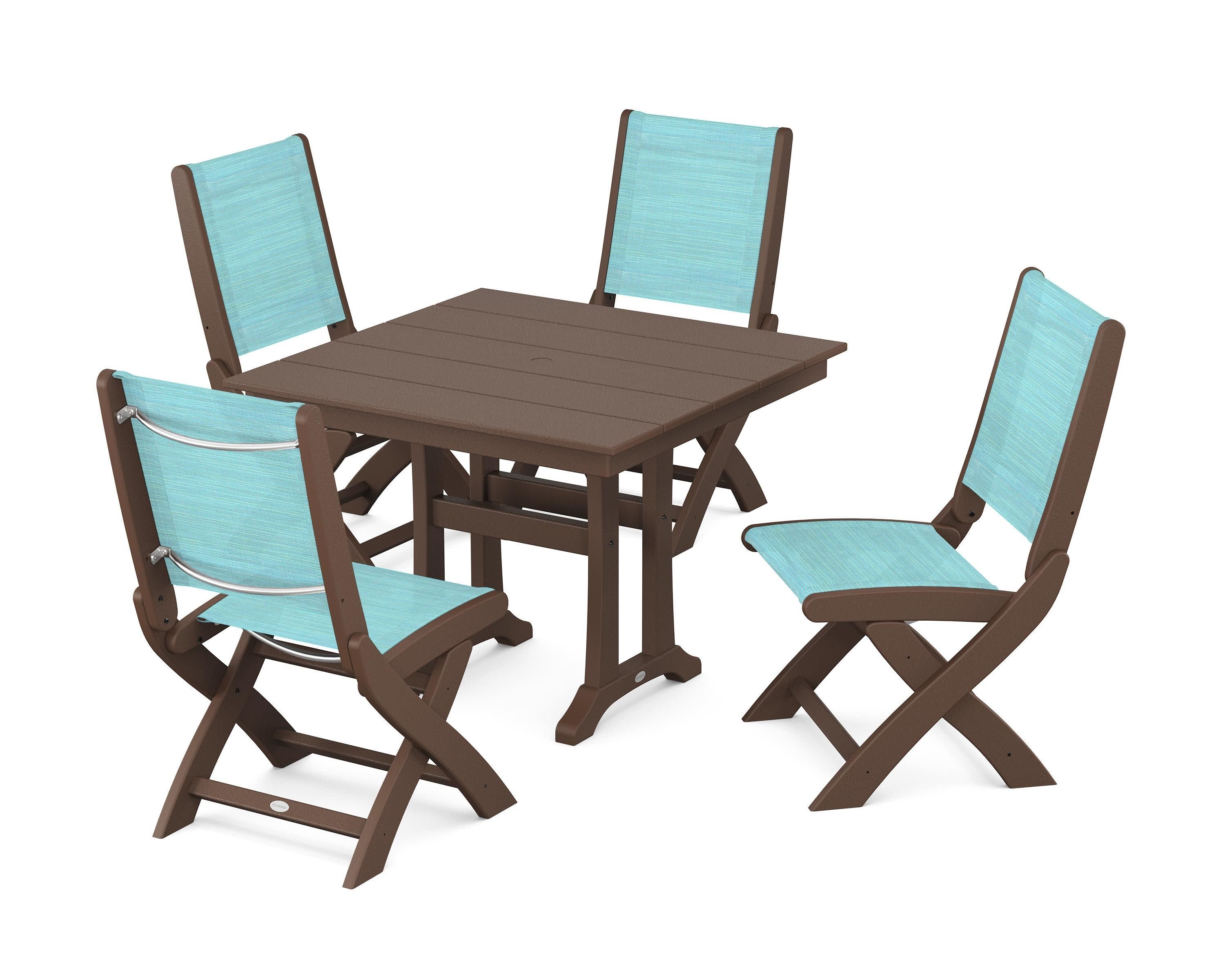 Coastal Folding Side Chair 5-Piece Farmhouse Dining Set With Trestle Legs in Mahogany / Dupioni Aquamarine Sling