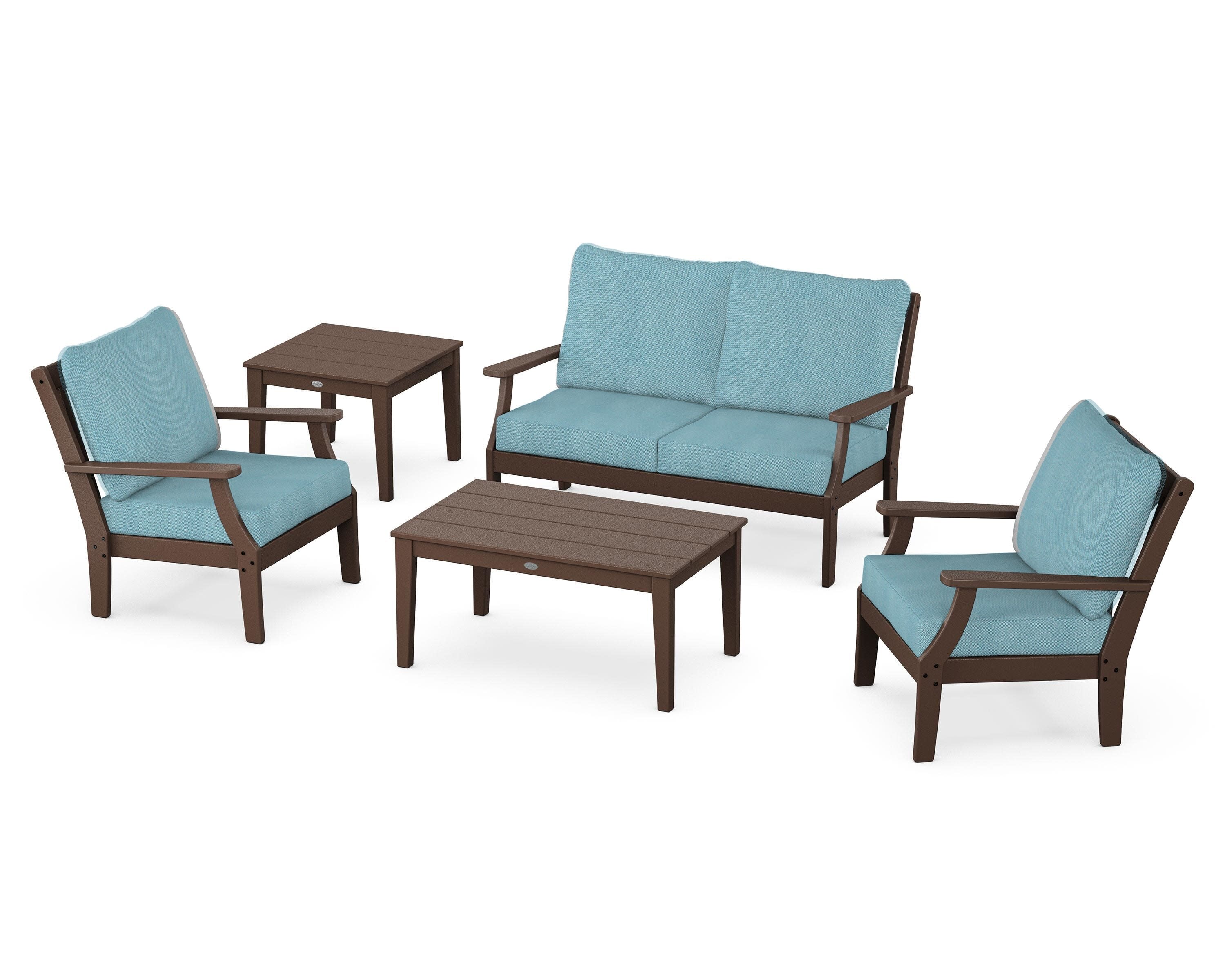 Braxton 5-Piece Deep Seating Set in Mahogany / Lattice Sky Blue