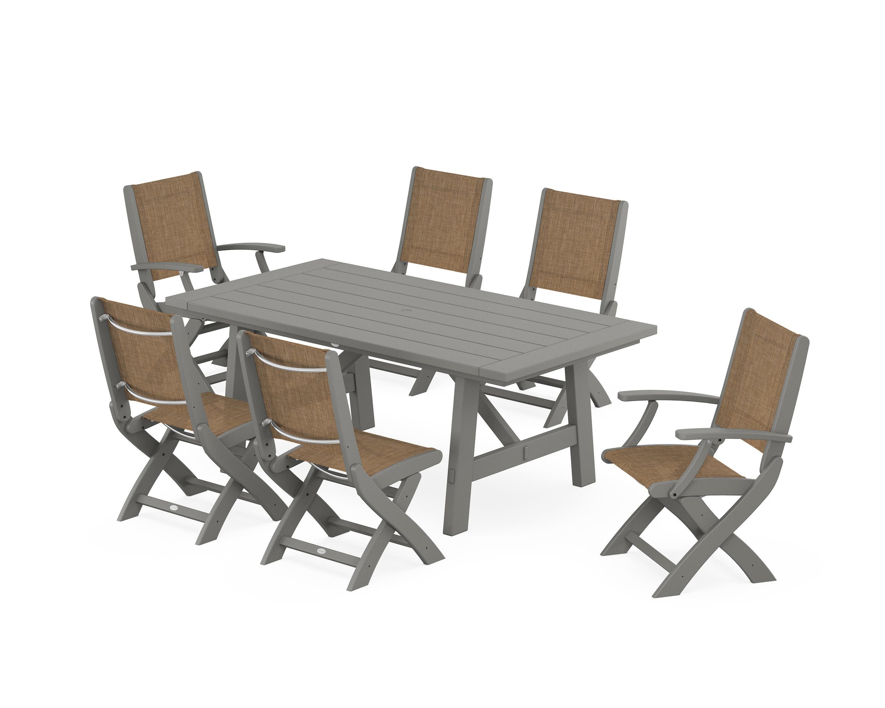 Coastal Folding Chair 7-Piece Rustic Farmhouse Dining Set in Slate Grey / Burlap Sling