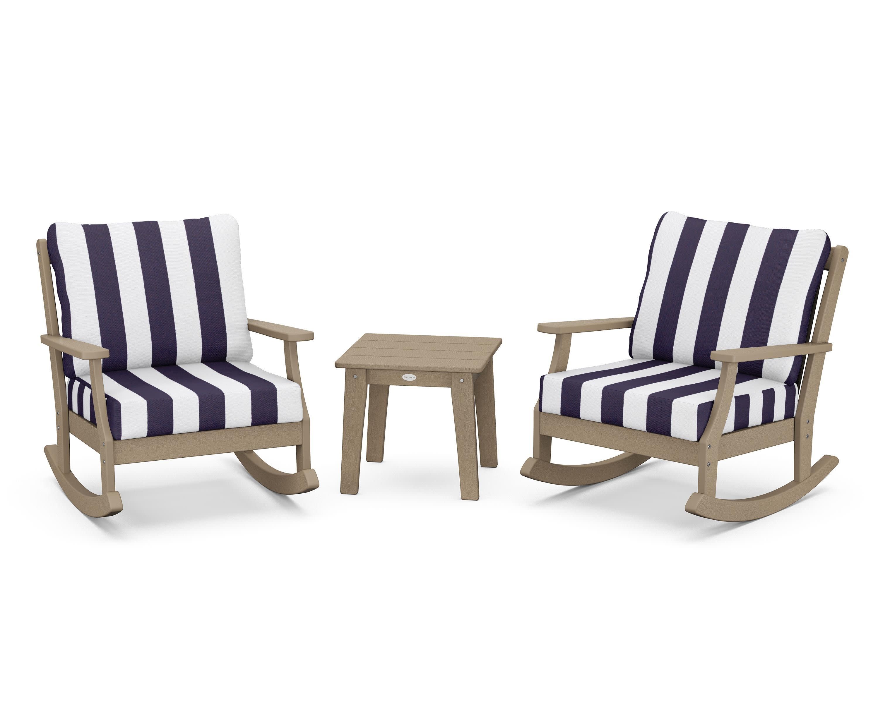 Braxton 3-Piece Deep Seating Rocker Set in Vintage Sahara / Cabana Stripe Navy