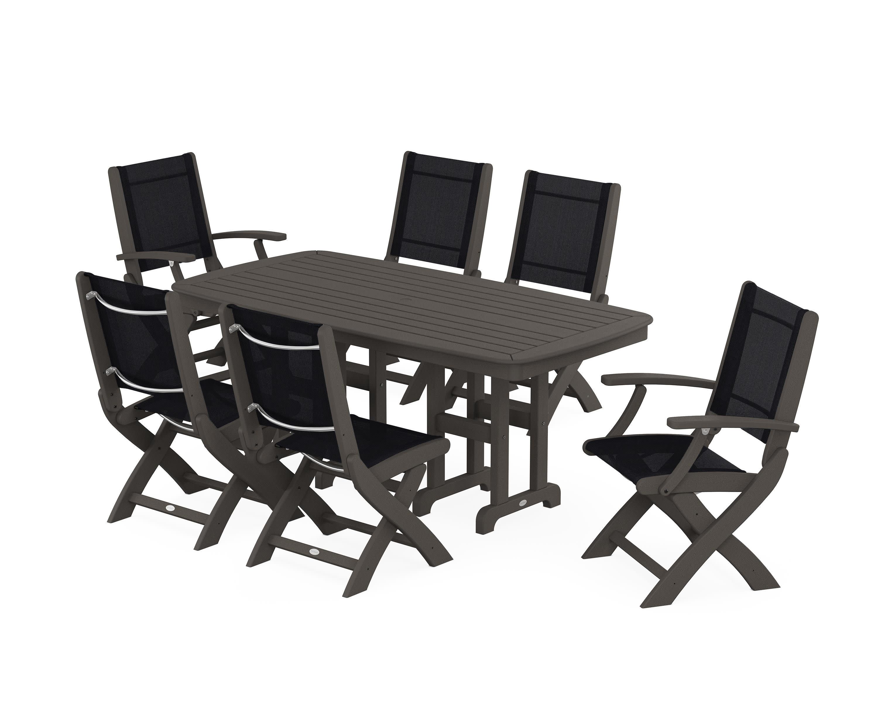 Coastal Folding Chair 7-Piece Dining Set in Vintage Coffee / Black Sling